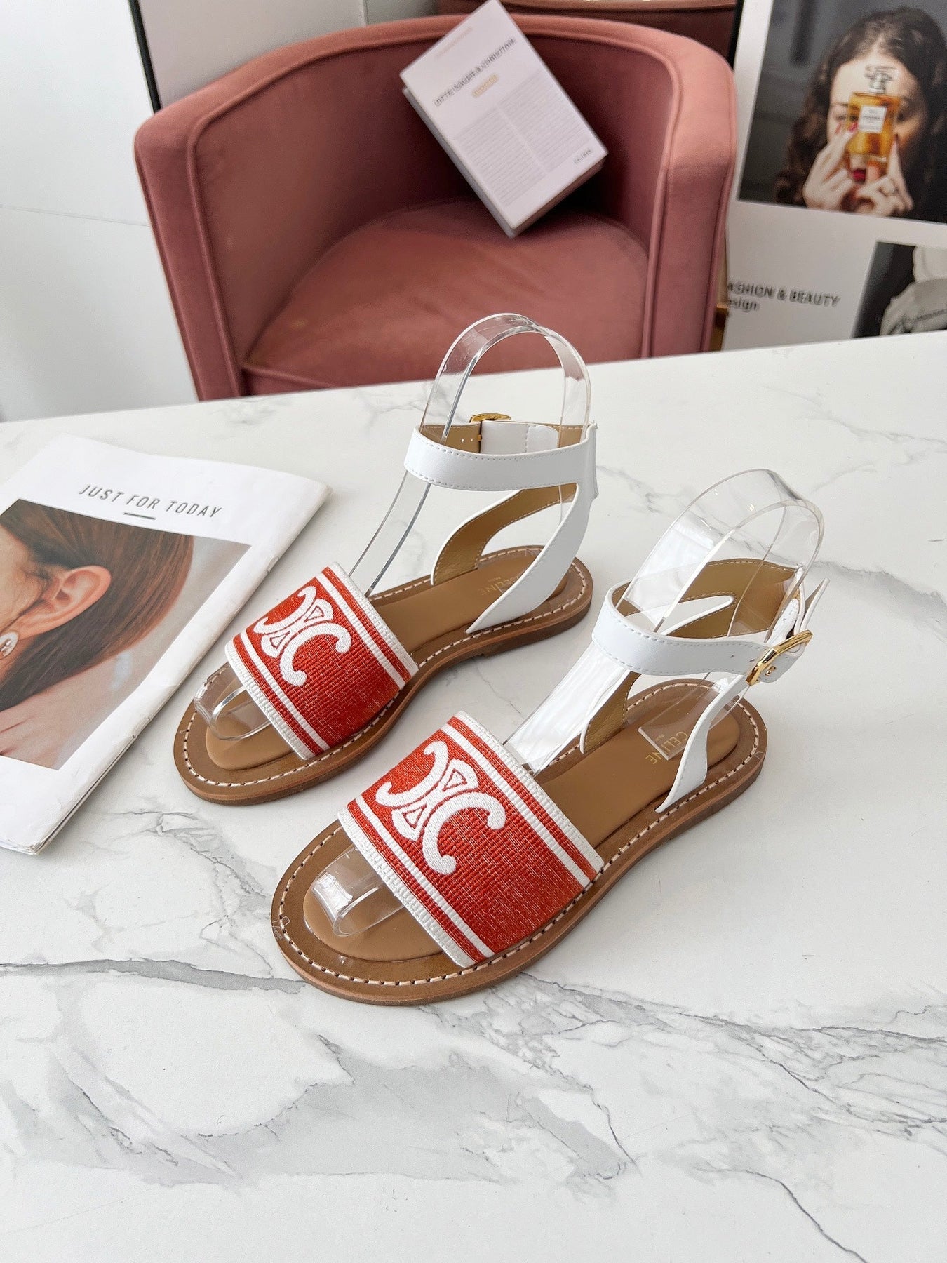 LYMPIA SANDAL IN RED MIX WHITE TRIOMPHE JACQUARD CANVAS & CALFSKIN