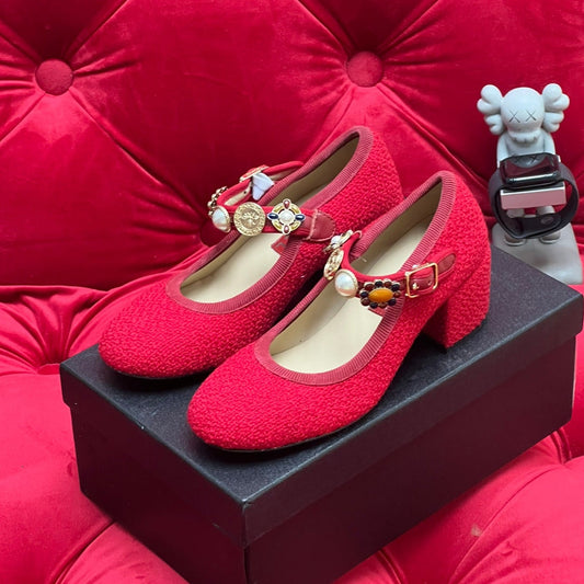 HIGH MARY JANE SHOES CHERRY RED WOOL TWEED