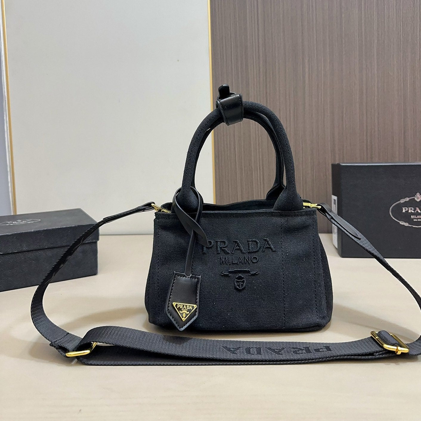 EMBOSSED LOGO MINI TOTE BAG 22 IN BLACK FABIC