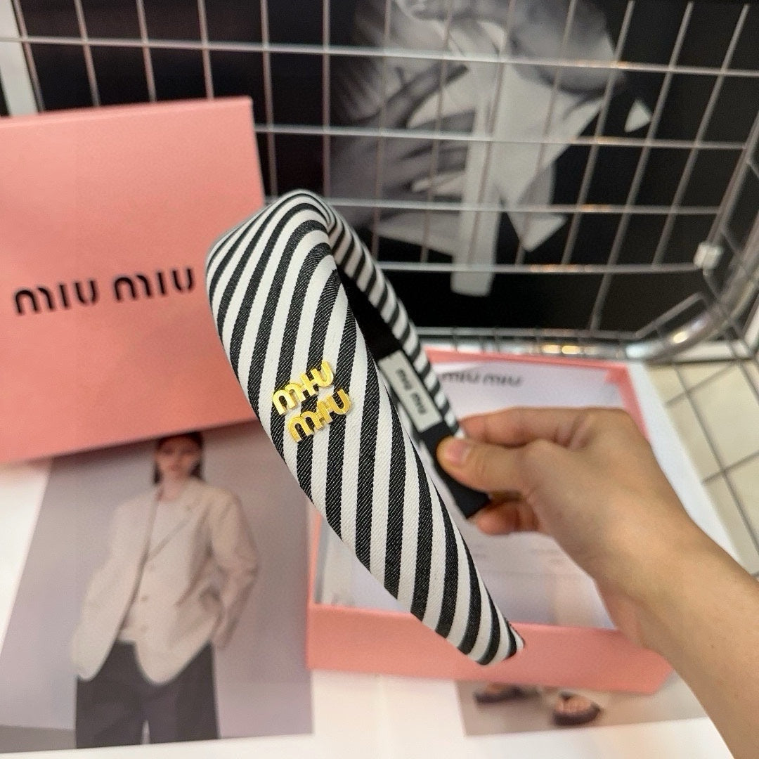 HEADBAND STRIPES WHITE MIX BLACK COTTON GOLD LOGO 432856
