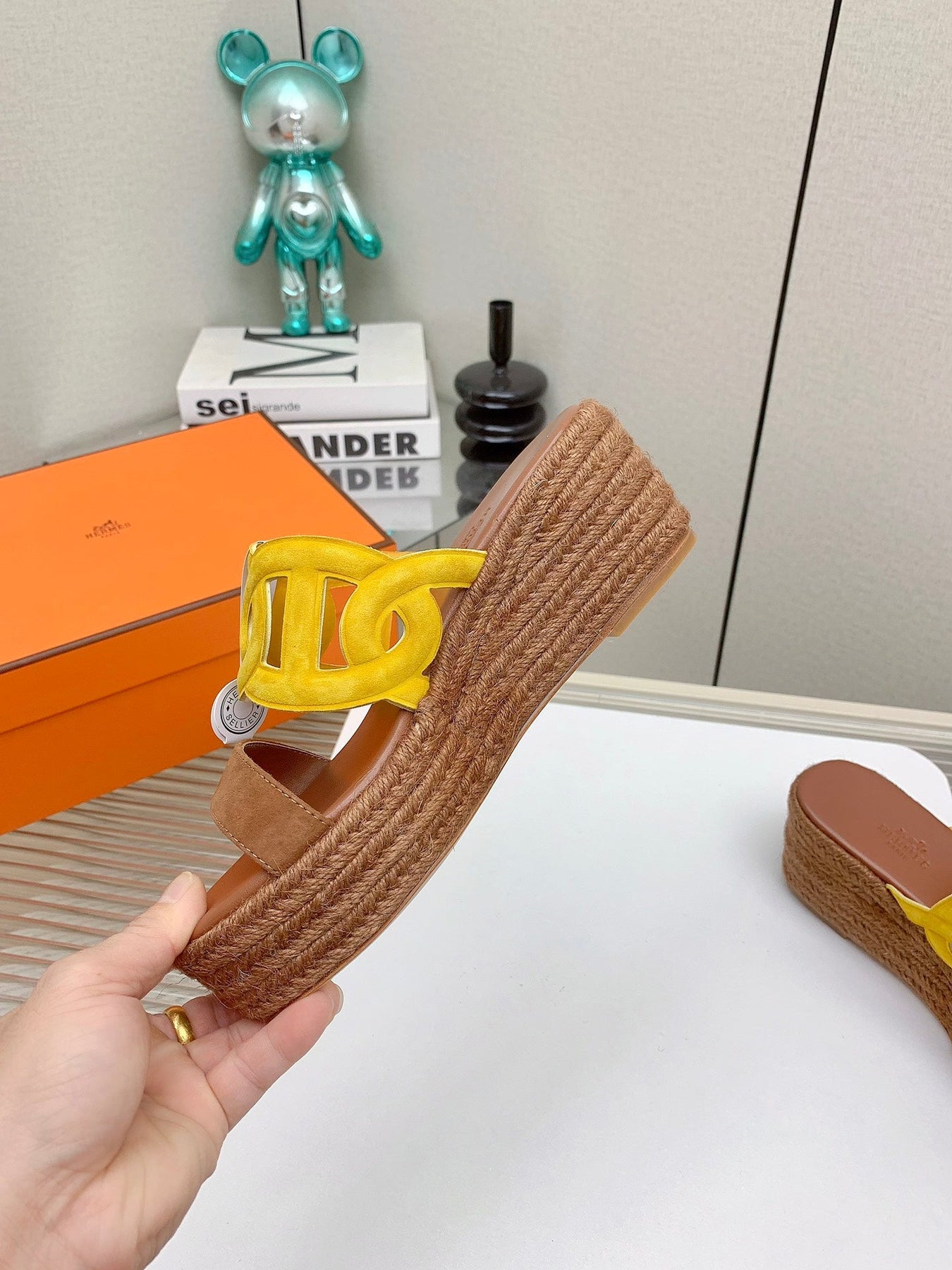 ITHEA 85 MM ESPADRILLE IN BRONZE BROWN AND AMBER YELLOW SUEDE