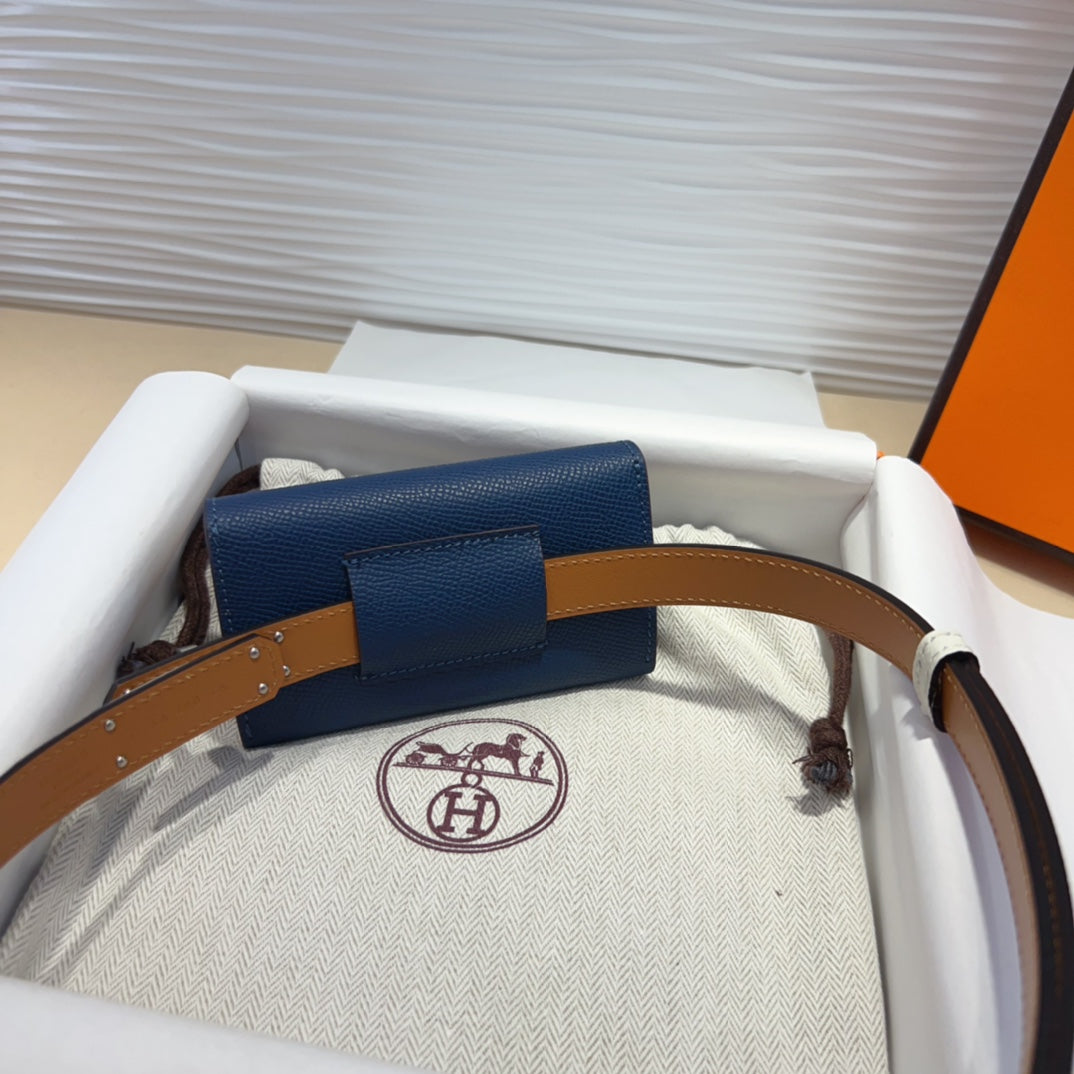 HM KELLY NAVY BLUE POCKET 18MM BELT WHITE LEATHER SILVER HARDWARE