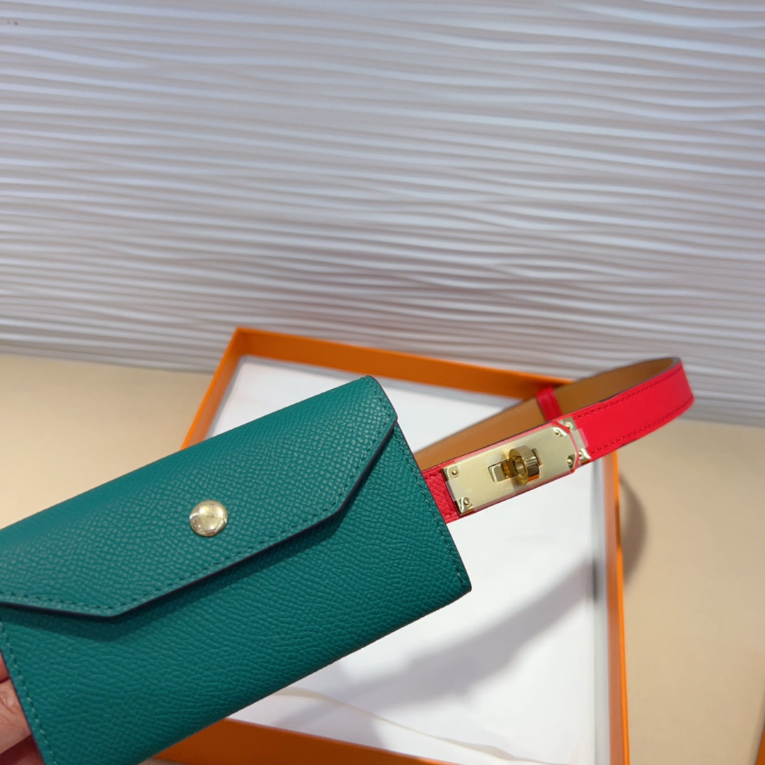 HM KELLY TEAL GREEN POCKET 18MM BELT CHERRY RED LEATHER GOLD HARDWARE