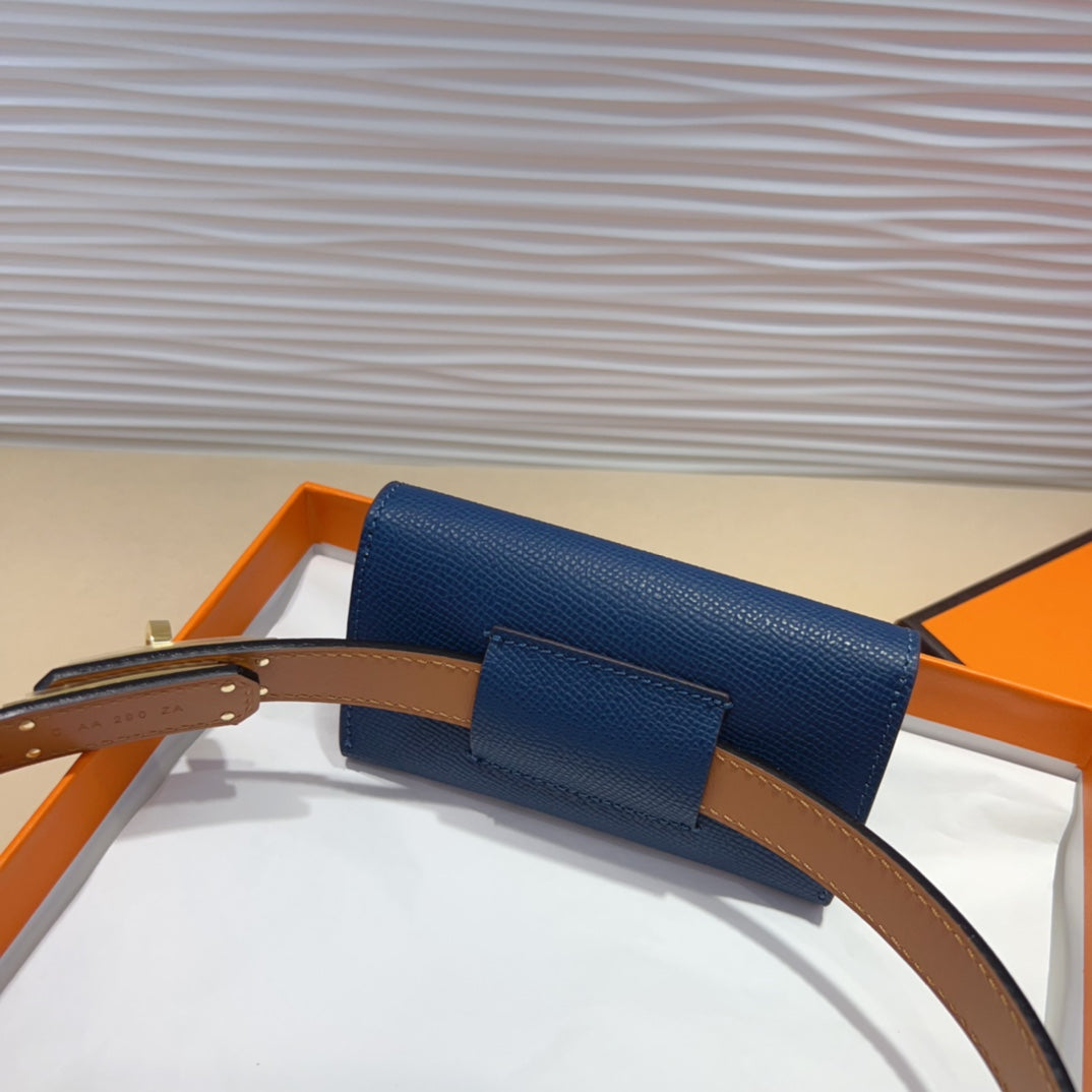 HM KELLY NAVY BLUE POCKET 18MM BELT WHITE LEATHER GOLD HARDWARE