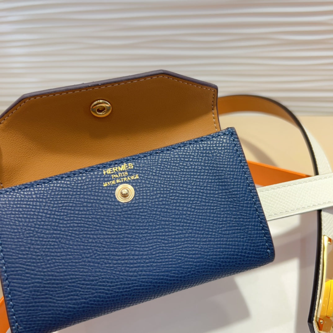 HM KELLY NAVY BLUE POCKET 18MM BELT WHITE LEATHER GOLD HARDWARE