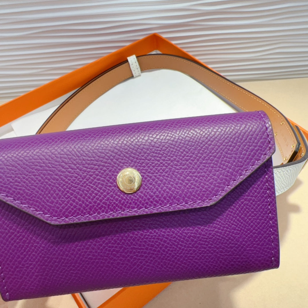 HM KELLY VIOLET PURPLE POCKET 18MM BELT WHITE LEATHER GOLD HARDWARE