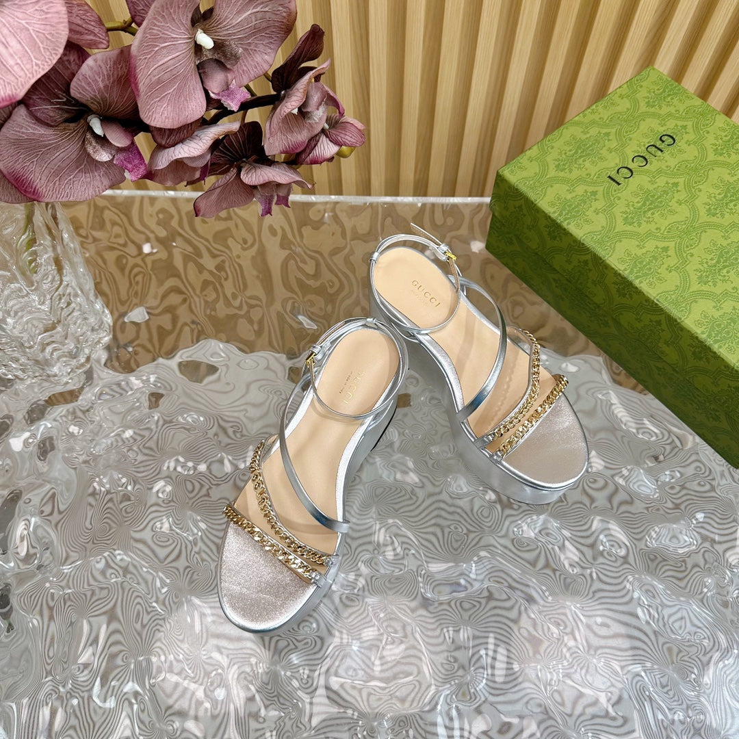 GG PLATFORM SANDAL SILVER CALFSKIN WITH CHAINS