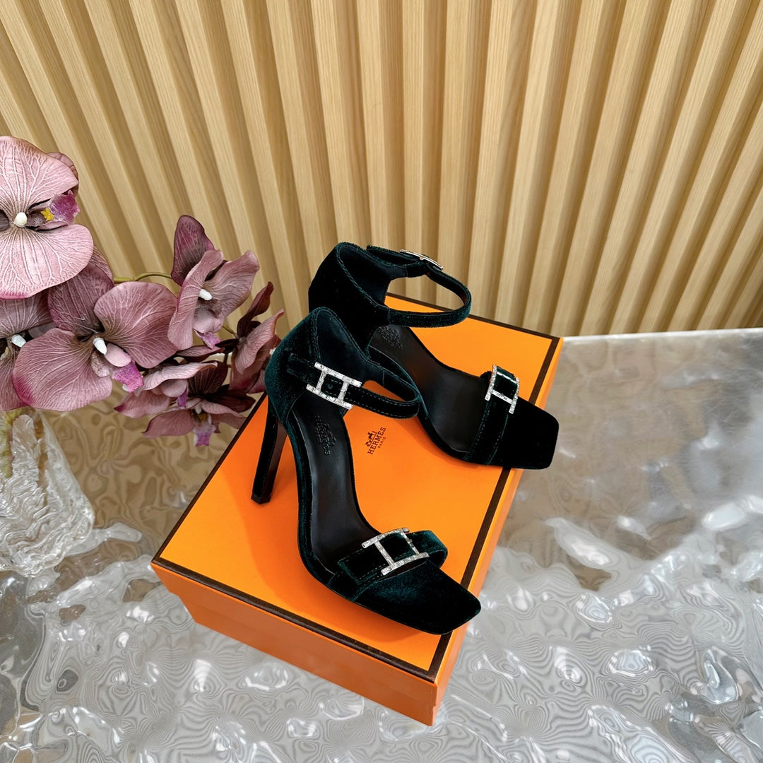 JULY SANDAL 105 MM IN TEAL GREEN VELVET