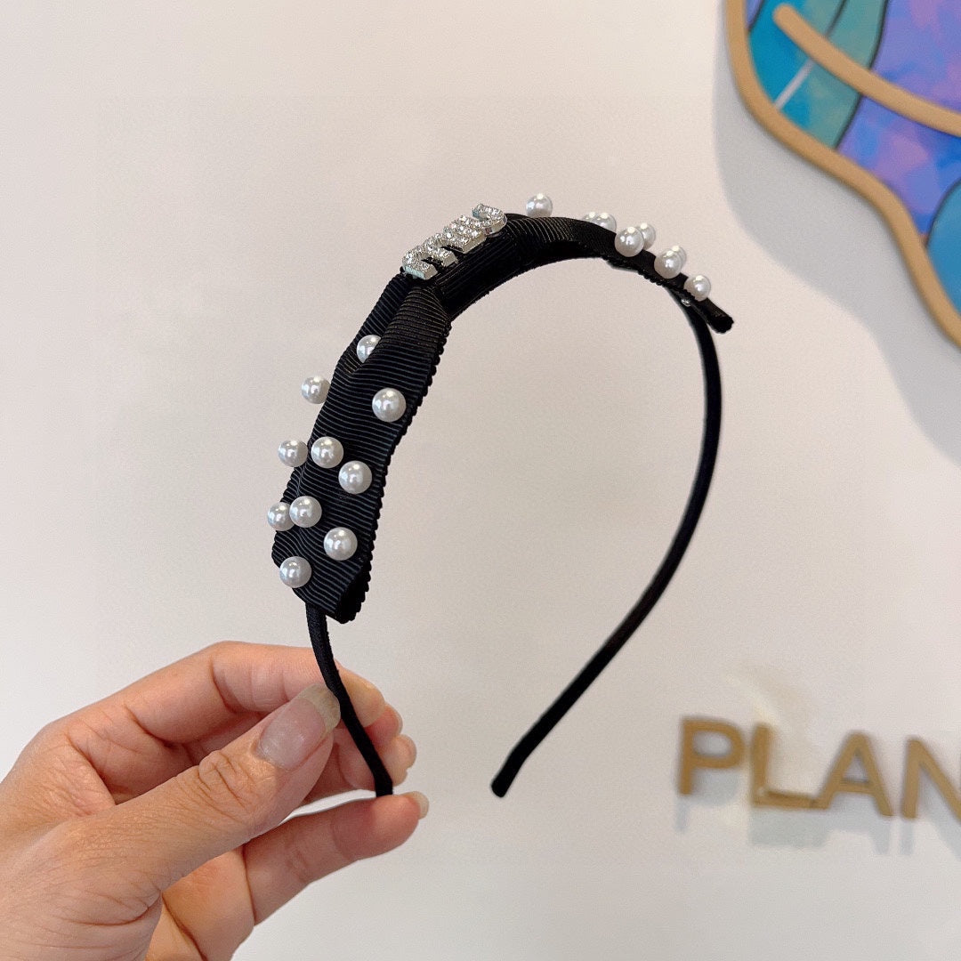 HEADBAND WITH BOW IN BLACK COTTON ATTACHED PEARLS 406039