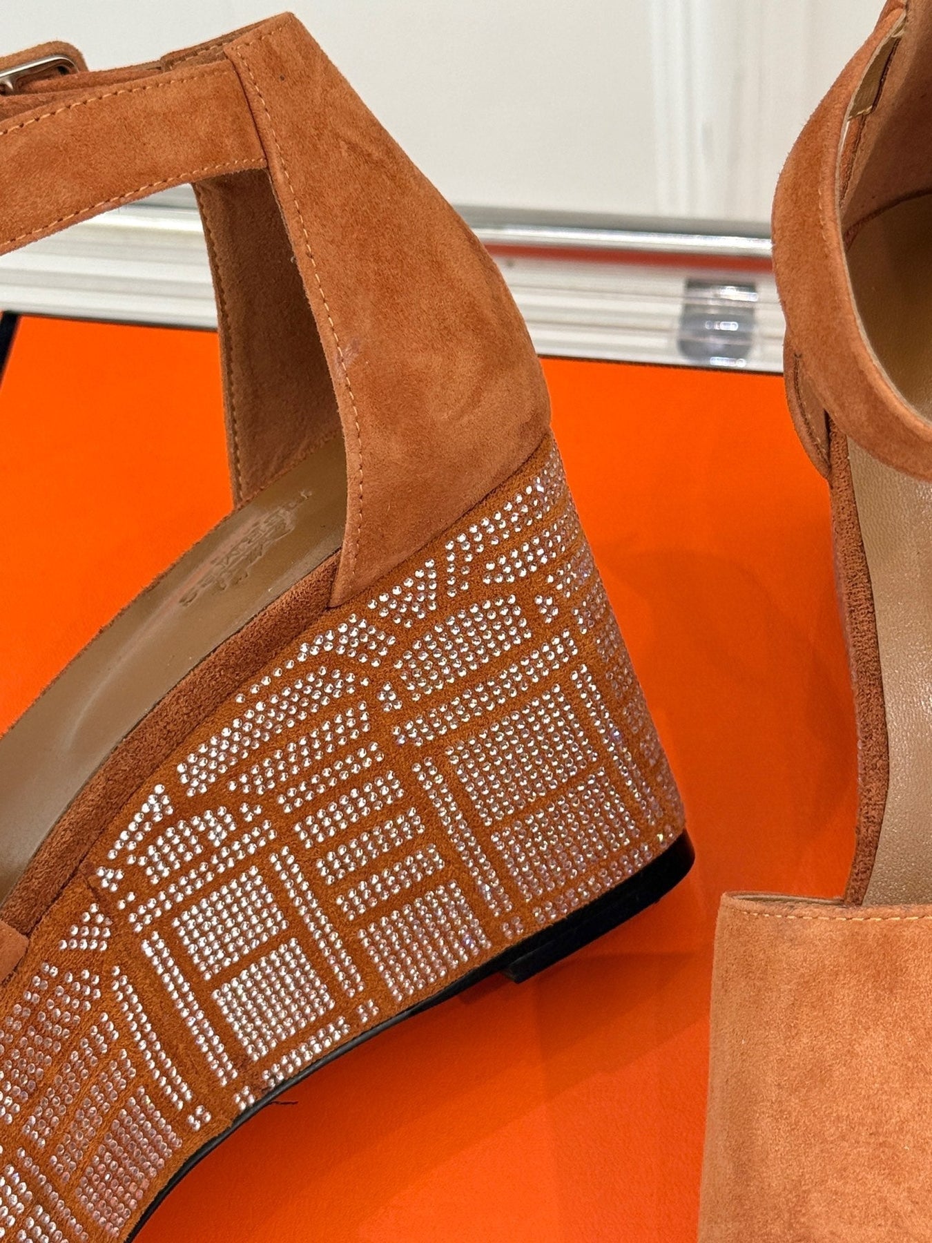 ILLUSION 35 SANDAL IN VIVID ORANGE SUEDE WITH RHINESTONE DETAILS