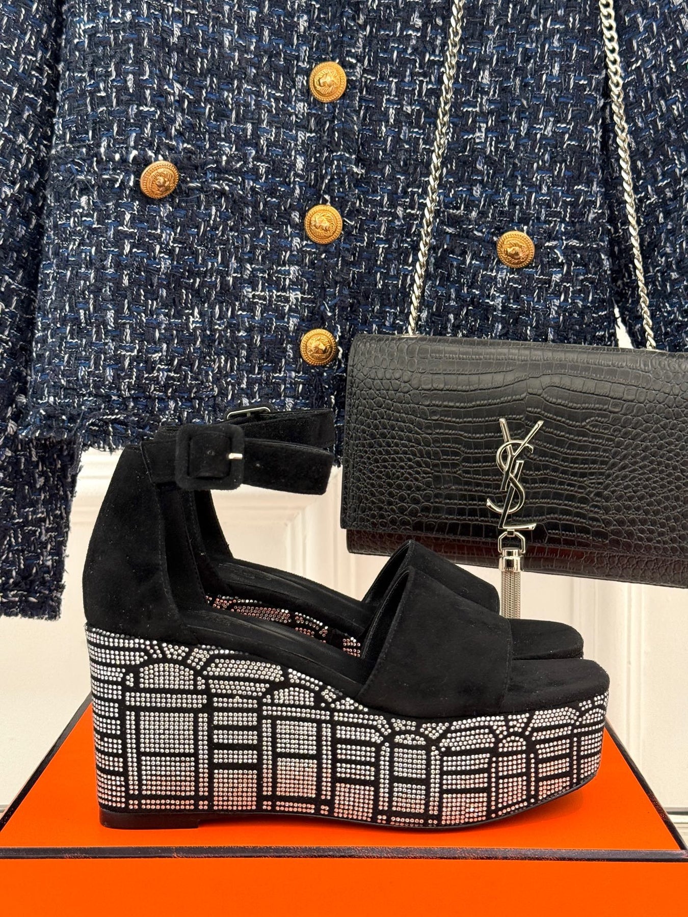 ILLUSION 35 SANDAL IN BLACK SUEDE WITH RHINESTONE DETAILS