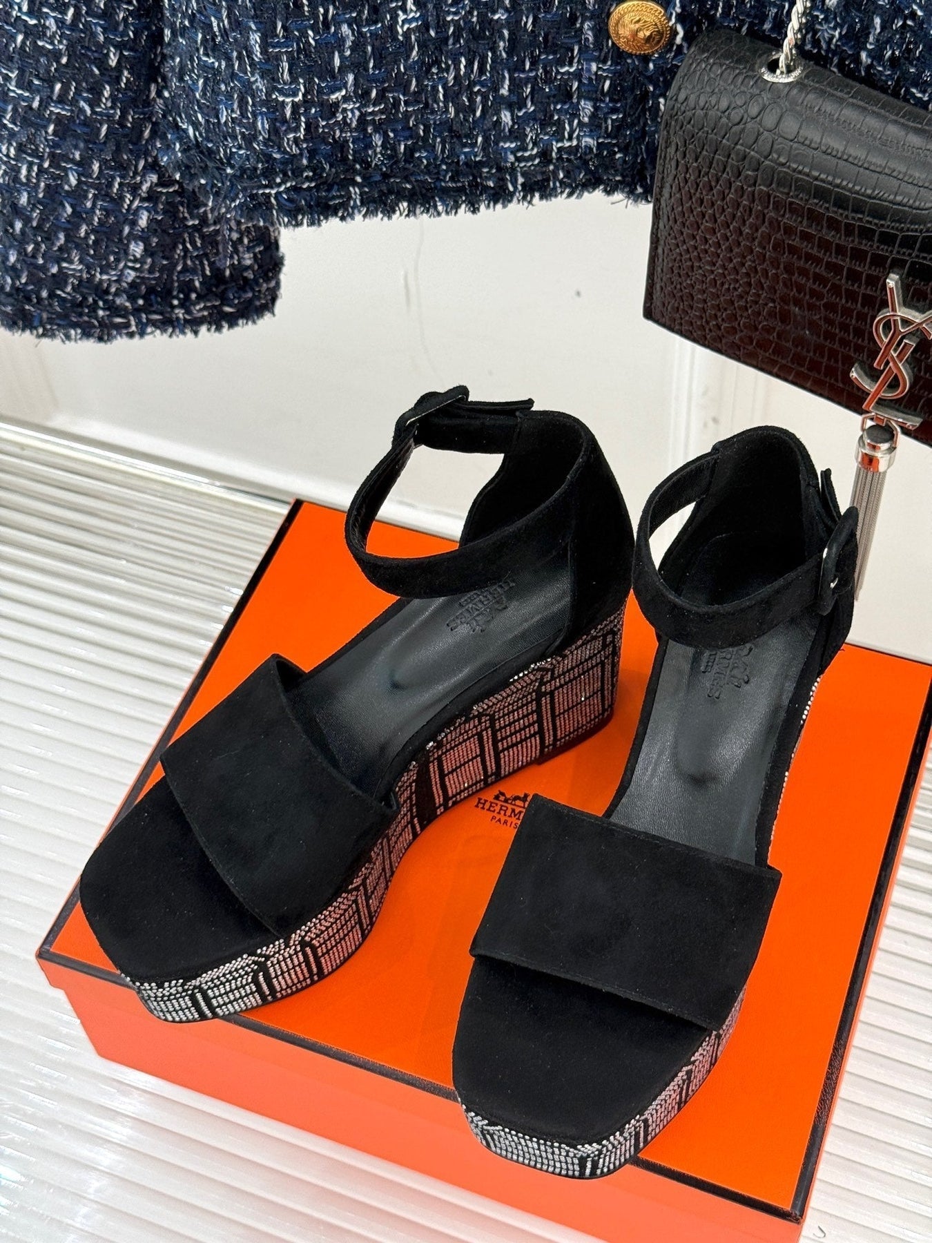 ILLUSION 35 SANDAL IN BLACK SUEDE WITH RHINESTONE DETAILS