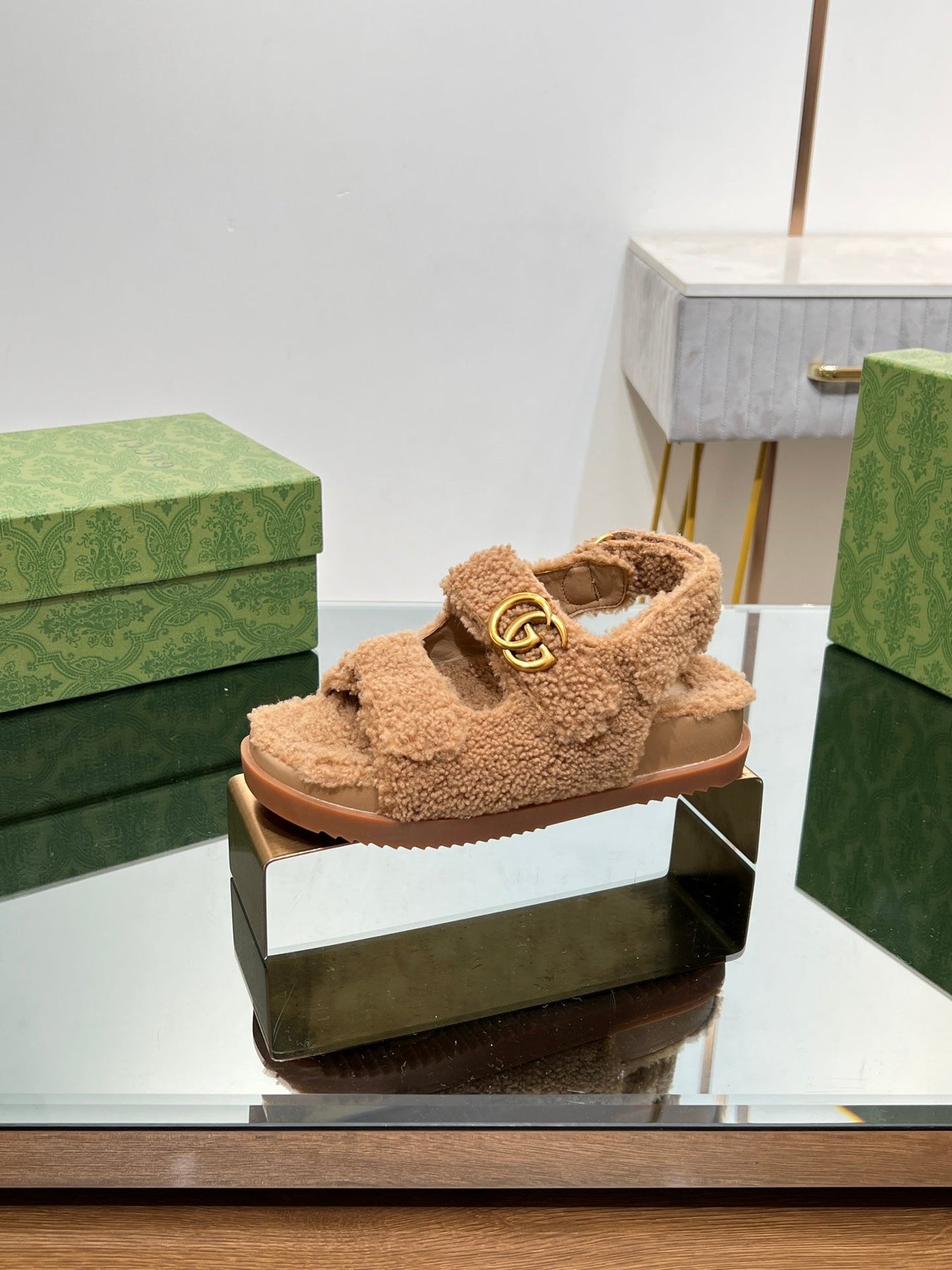 DAD SANDALS IN CIDER BROWN FLEECE WITH GOLD HARDWARE