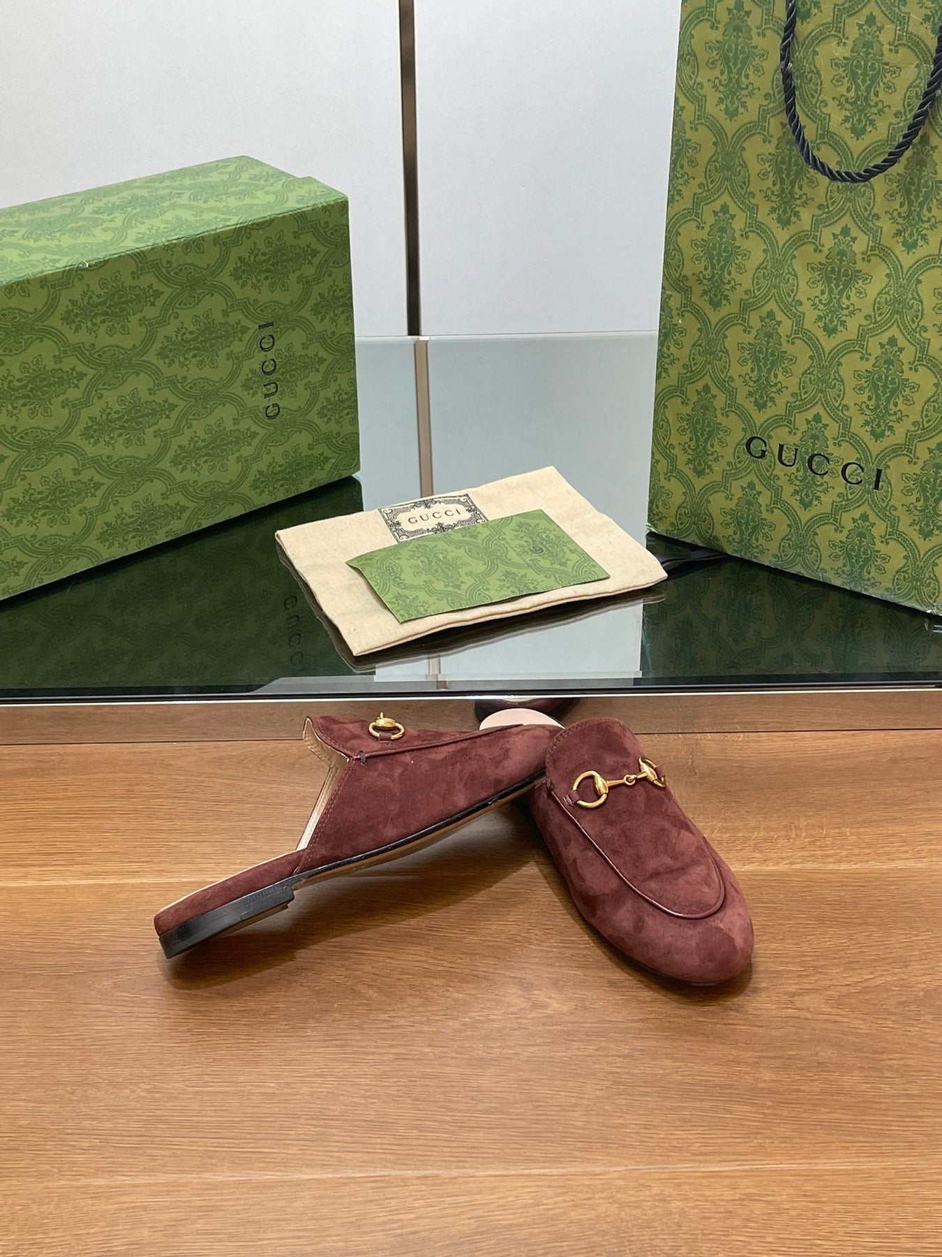 HORSEBIT MULE IN UMBER BROWN SUEDE WITH GOLD HARDWARE