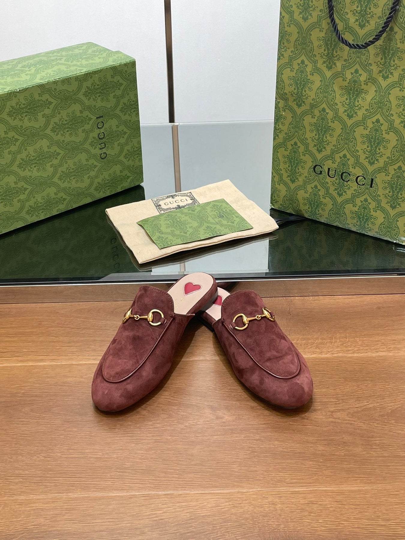 HORSEBIT MULE IN UMBER BROWN SUEDE WITH GOLD HARDWARE