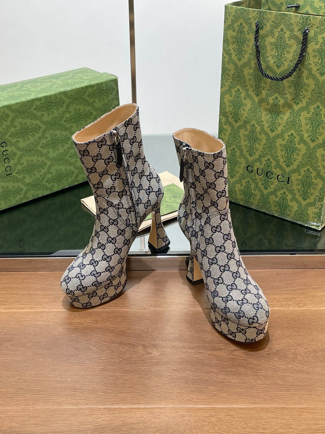 GG SHORT BOOTS 11.5 CM IN BLACK MIX BEIGE MONOGRAM JACQUARD FABRIC