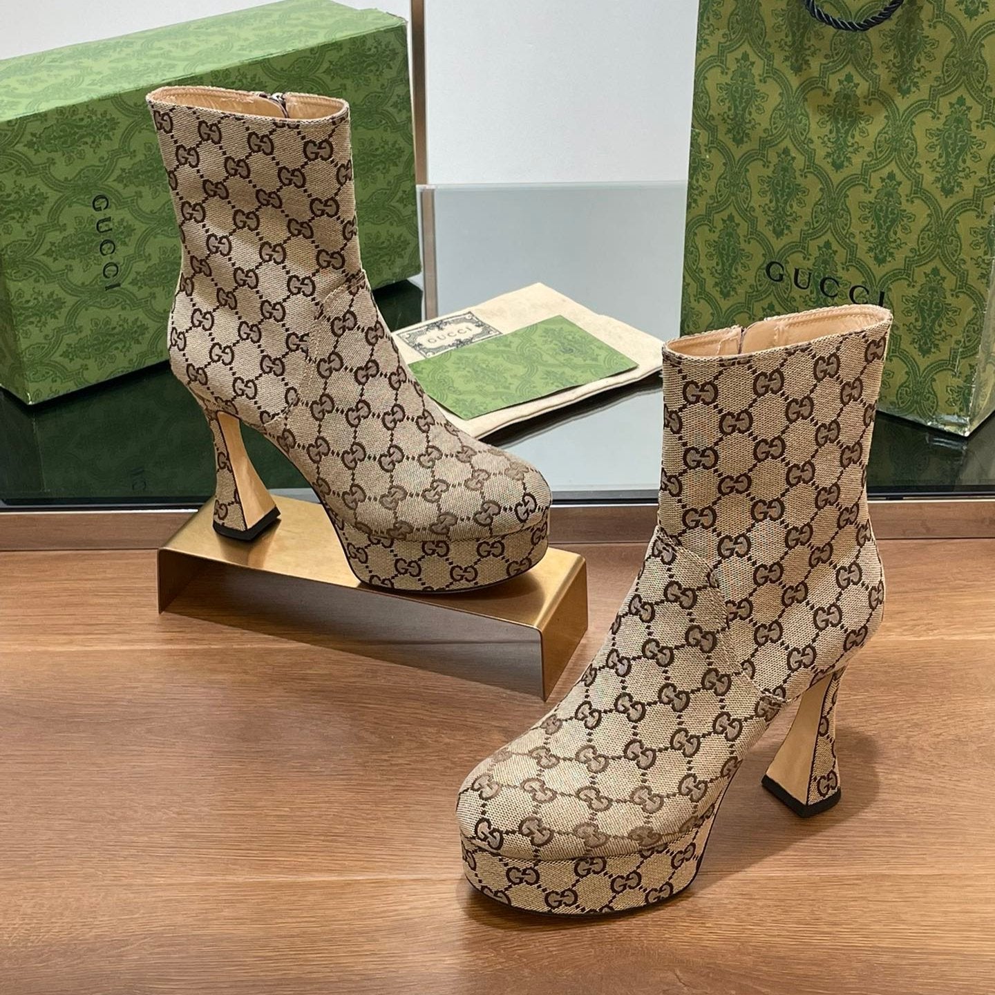 GG HIGH SANDAL 11.5 CM IN CAMEL BROWN MONOGRAM JACQUARD FABRIC