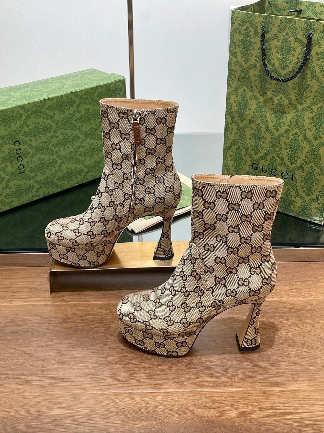 GG HIGH SANDAL 11.5 CM IN CAMEL BROWN MONOGRAM JACQUARD FABRIC