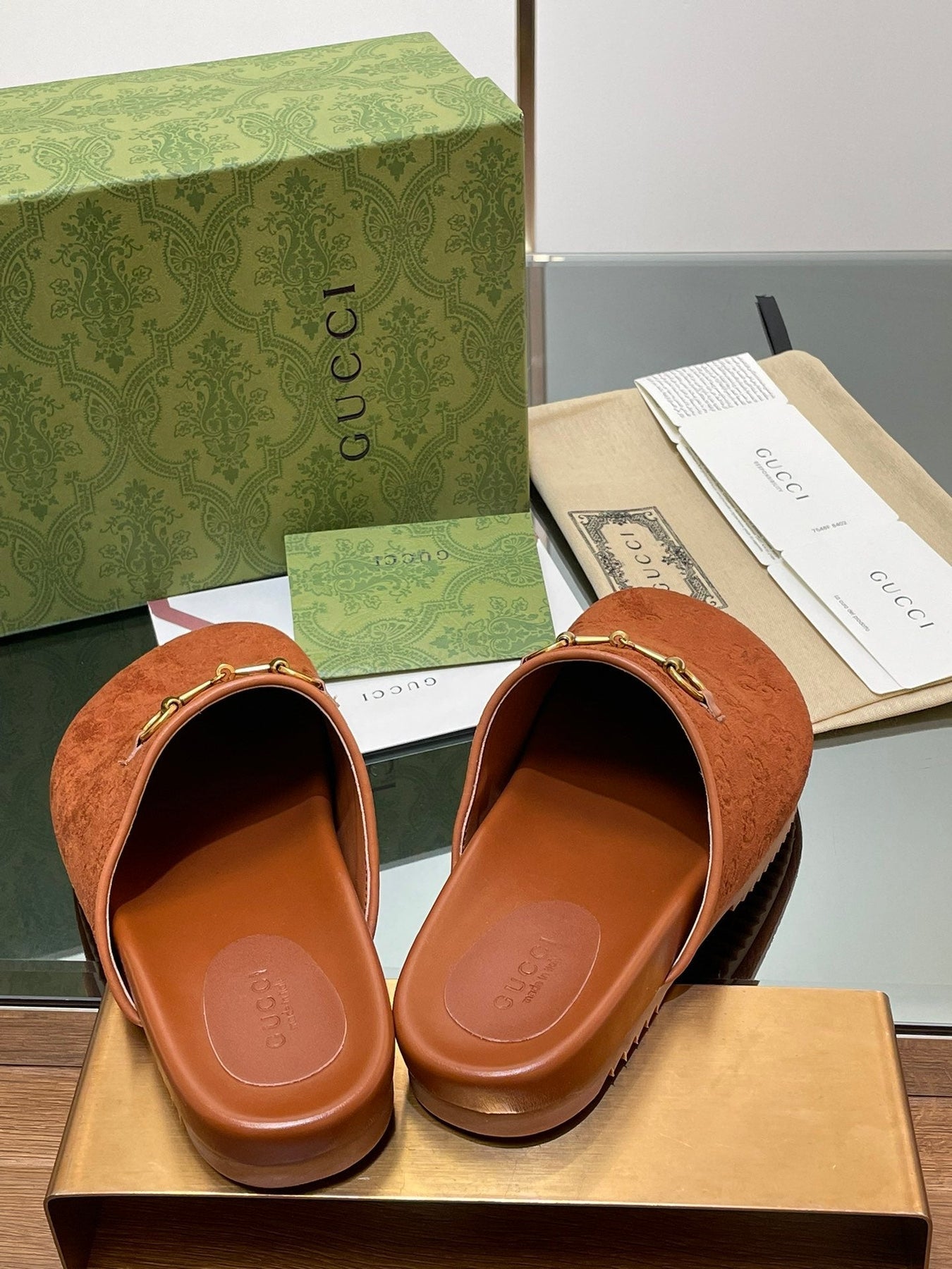 GG HORSEBIT MULE IN BURNT ORANGE EMBOSSED SUEDE AND SHEEPSKIN LINING