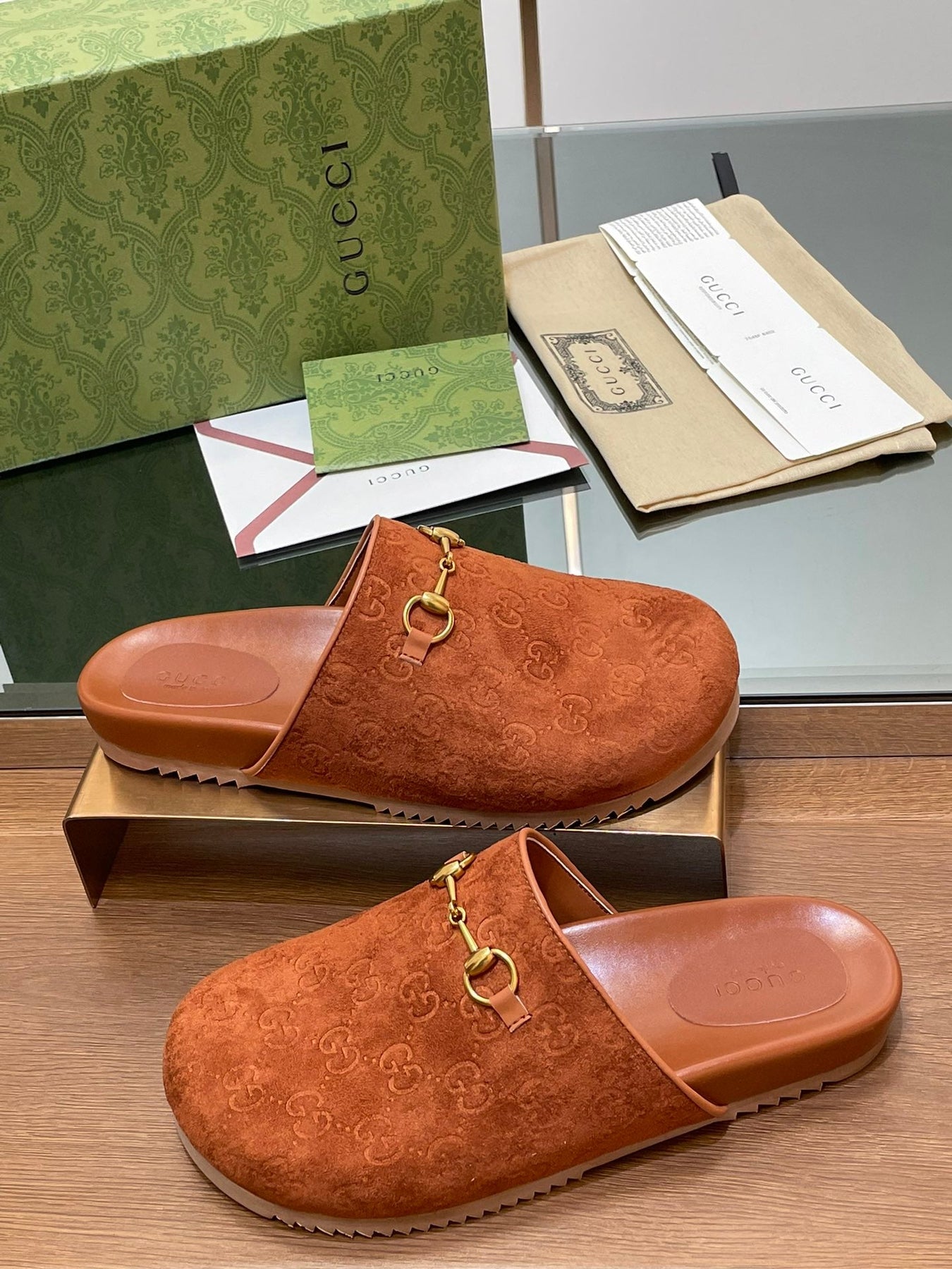GG HORSEBIT MULE IN BURNT ORANGE EMBOSSED SUEDE AND SHEEPSKIN LINING