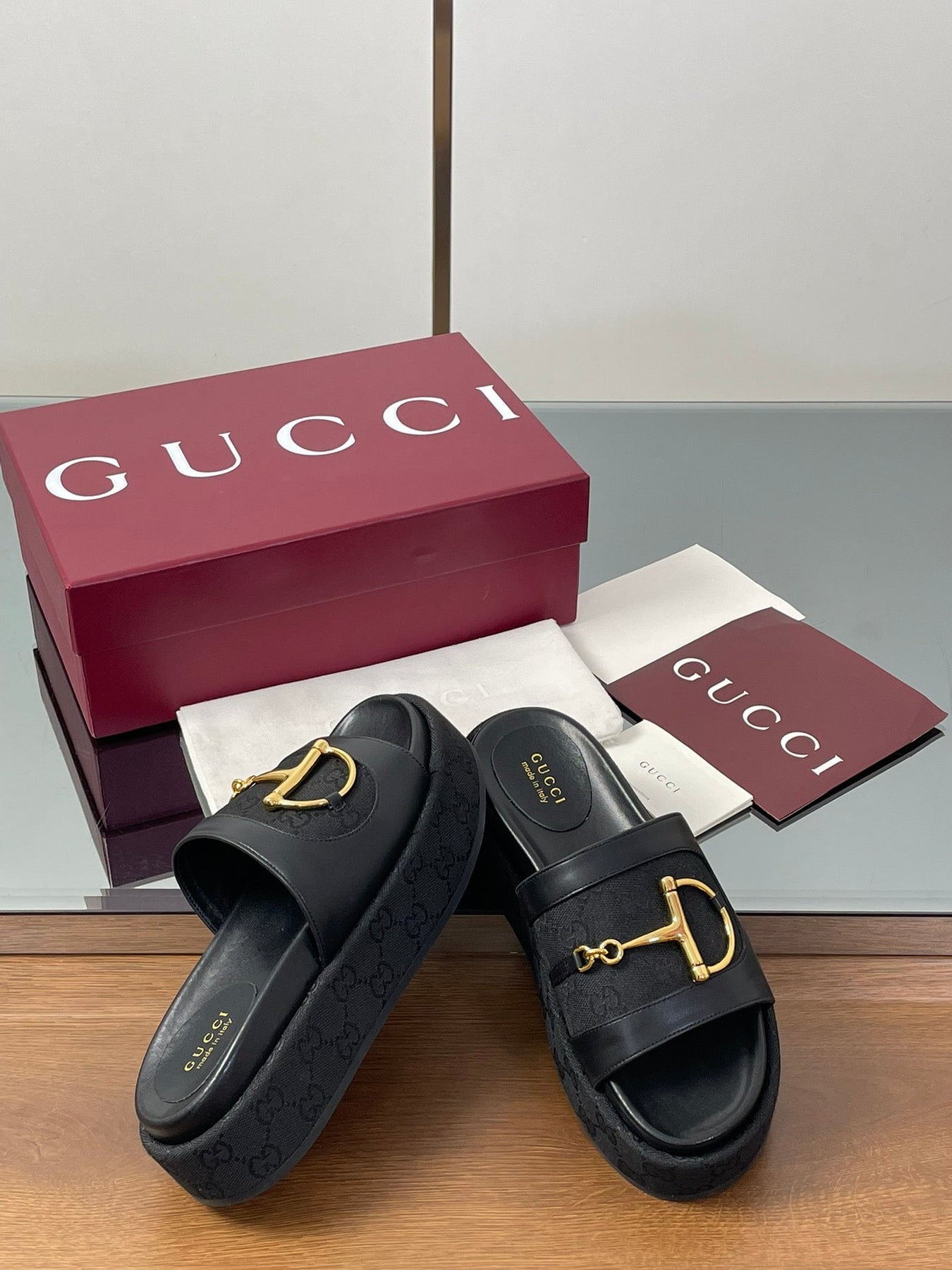 HIGH 5.5 CM WEDGE SANDALS IN BLACK CALFSKIN AND FABRIC