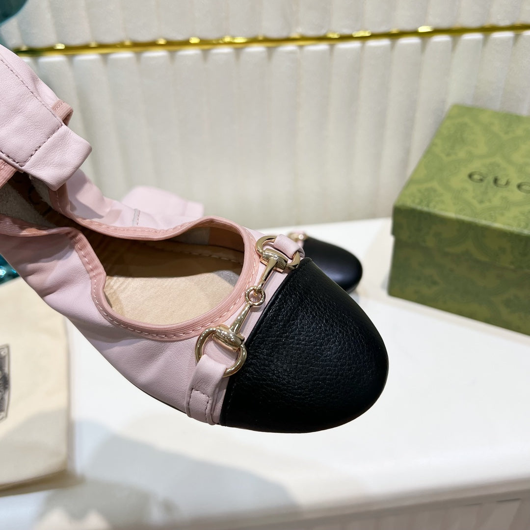 GG BALLET SUPER SLIM BUCKLE PASTEL PINK AND BLACK LAMBSKIN