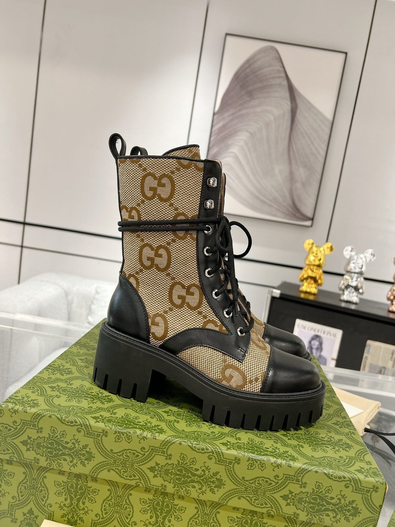 GG ANKLE BOOTS IN BEIGE MONOGRAM CANVAS AND BLACK SHEEPSKIN