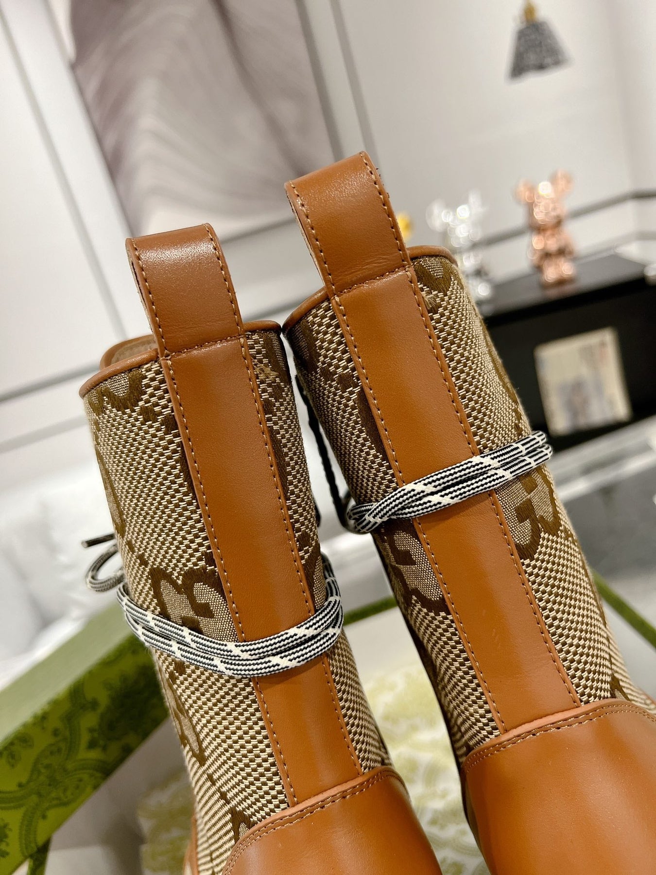 GG LACE-UP SHORT BOOTS IN CINNAMON BROWN CANVAS MIX CALFSKIN