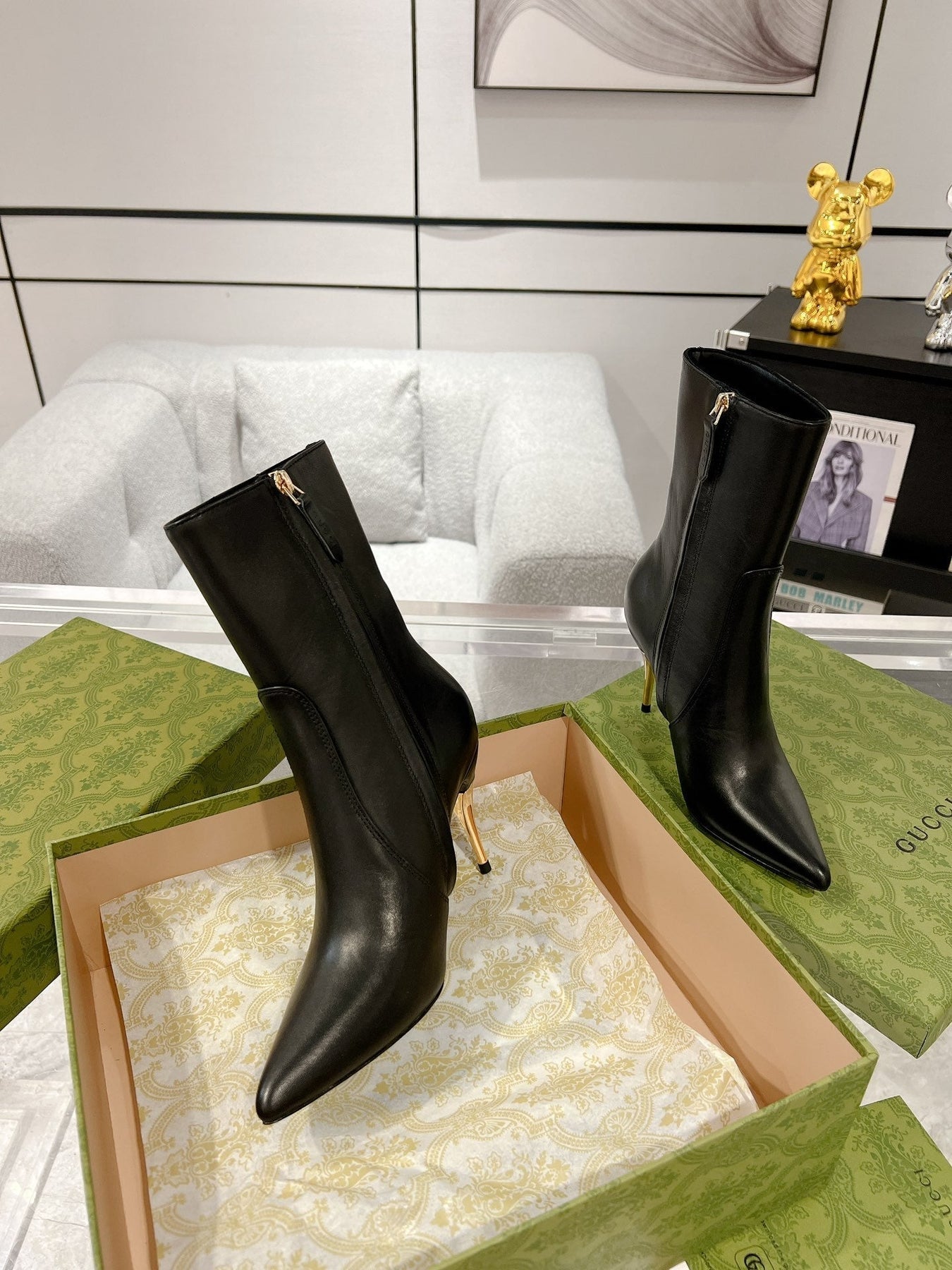 GG ANKLE BOOTS IN BLACK CALFSKIN WITH GOLD PLATED HEEL