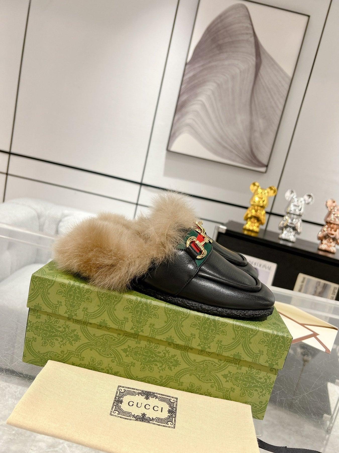 HORSEBIT MULE WITH WEB IN BLACK CALFSKIN MIX MINK FUR
