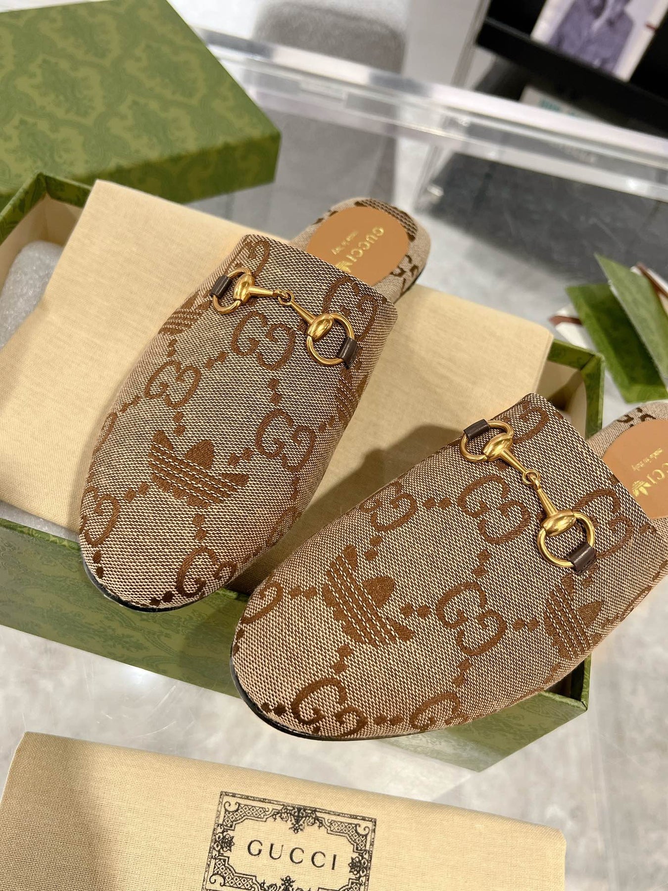 GG & ADIDAS MULE HORSEBIT BUCKLE LIGHT BROWN CANVAS