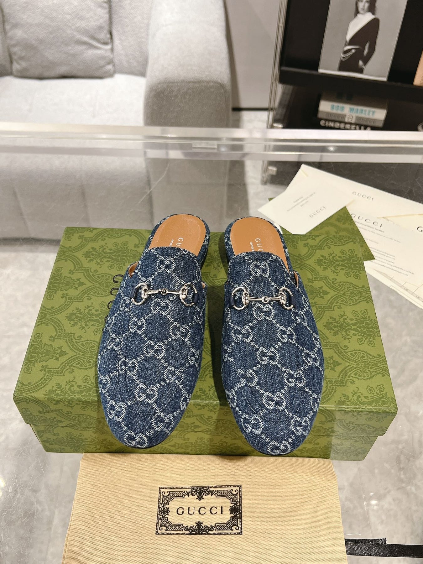 MEN'S MULE WITH HORSEBIT IN DENIM BLUE MONOGRAM JACQUARD FABRIC