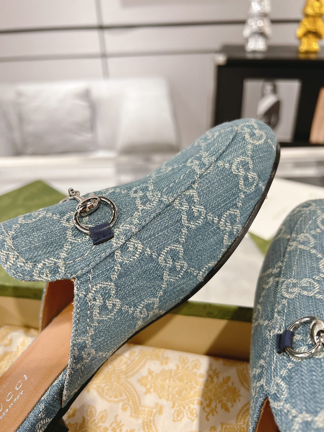 MEN'S MULE WITH HORSEBIT IN SAPHIRE BLUE MONOGRAM JACQUARD FABRIC