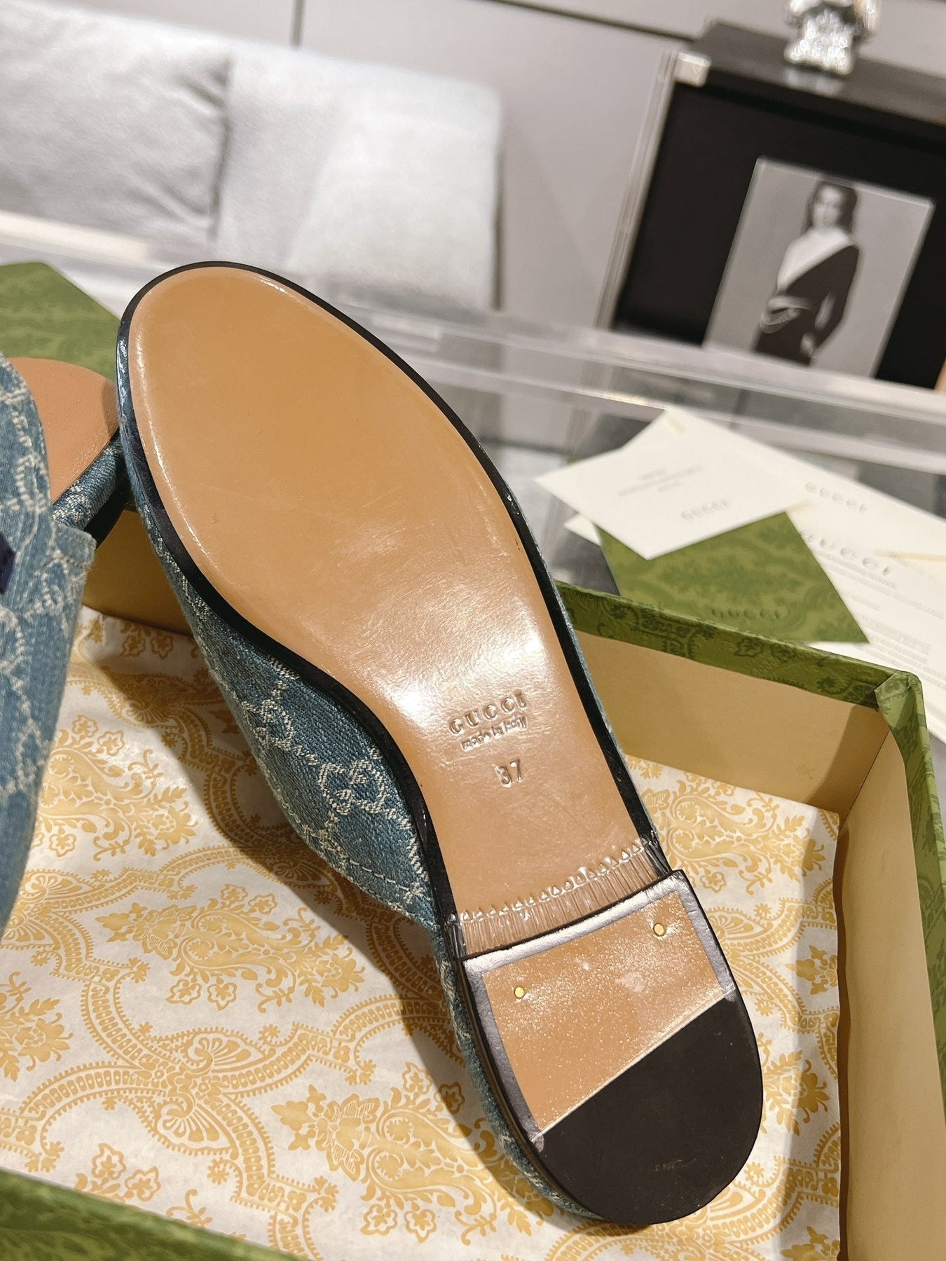 MEN'S MULE WITH HORSEBIT IN SAPHIRE BLUE MONOGRAM JACQUARD FABRIC