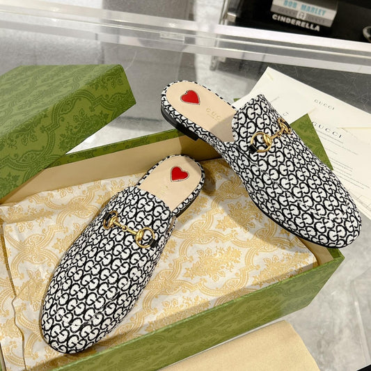 MEN'S MULE WITH HORSEBIT IN BLACK MIX WHITE MONOGRAM JACQUARD FABRIC