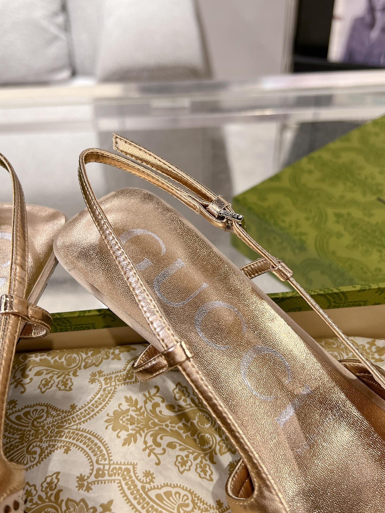 GG CRYSTALS SLINGBACK PUMP CREAM FABRIC