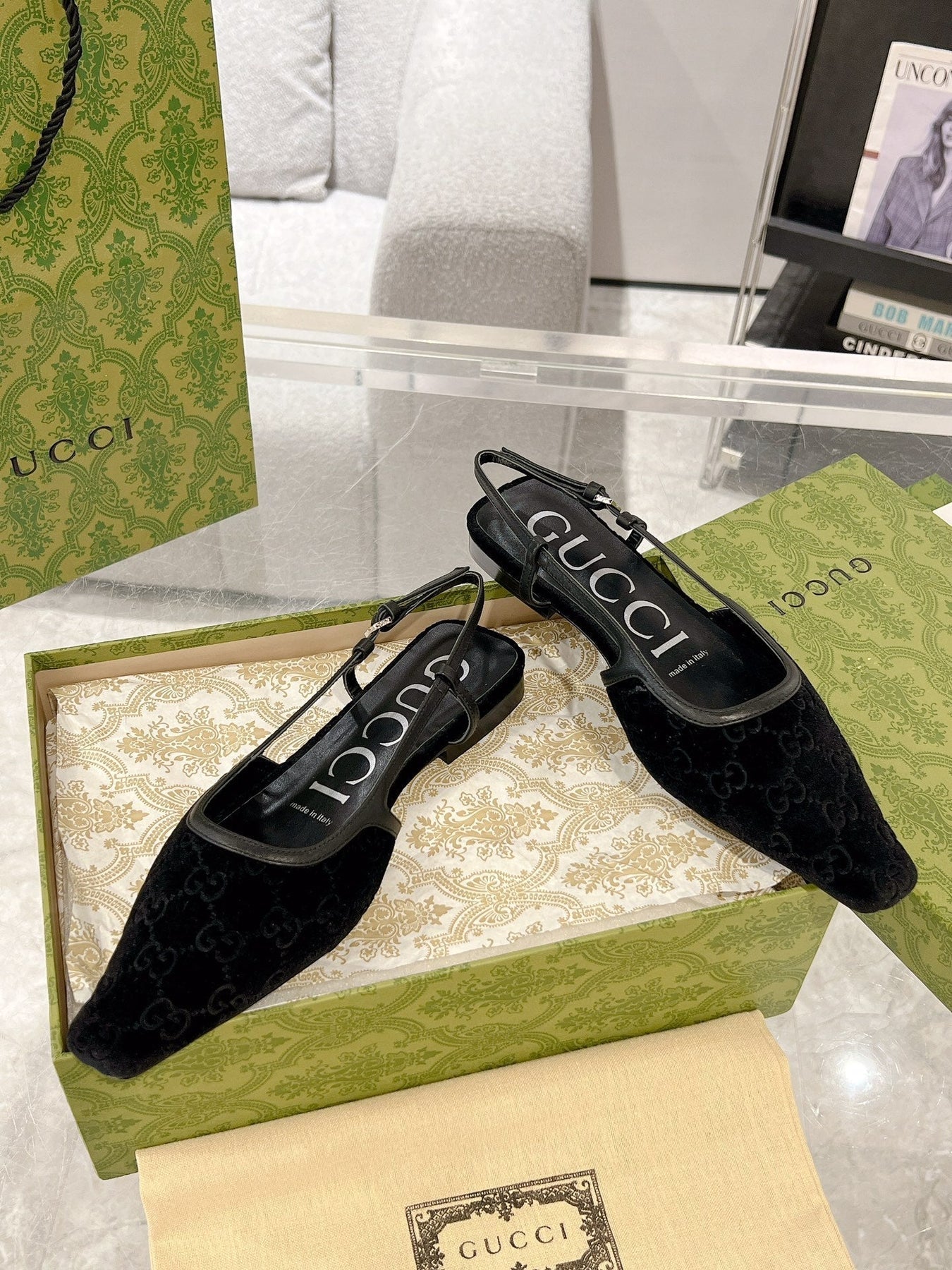 GG SLINGBACK FLATS BLACK VELVET