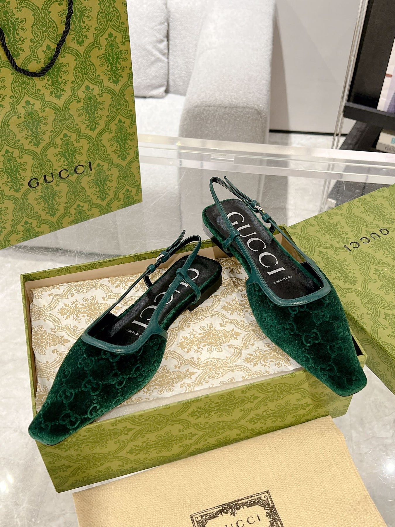 GG SLINGBACK FLATS CASTLETON GREEN VELVET
