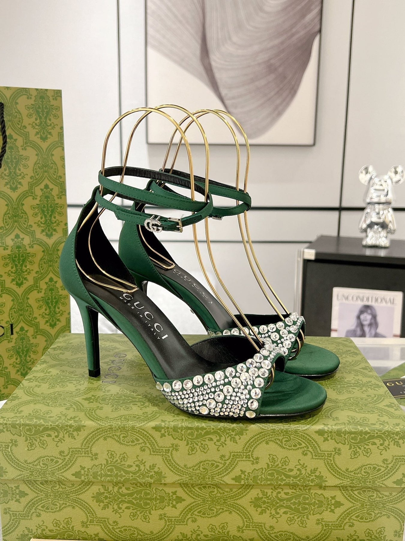 GG CRYSTAL ASTLETON GREEN HIGH HEEL SANDALS SATIN