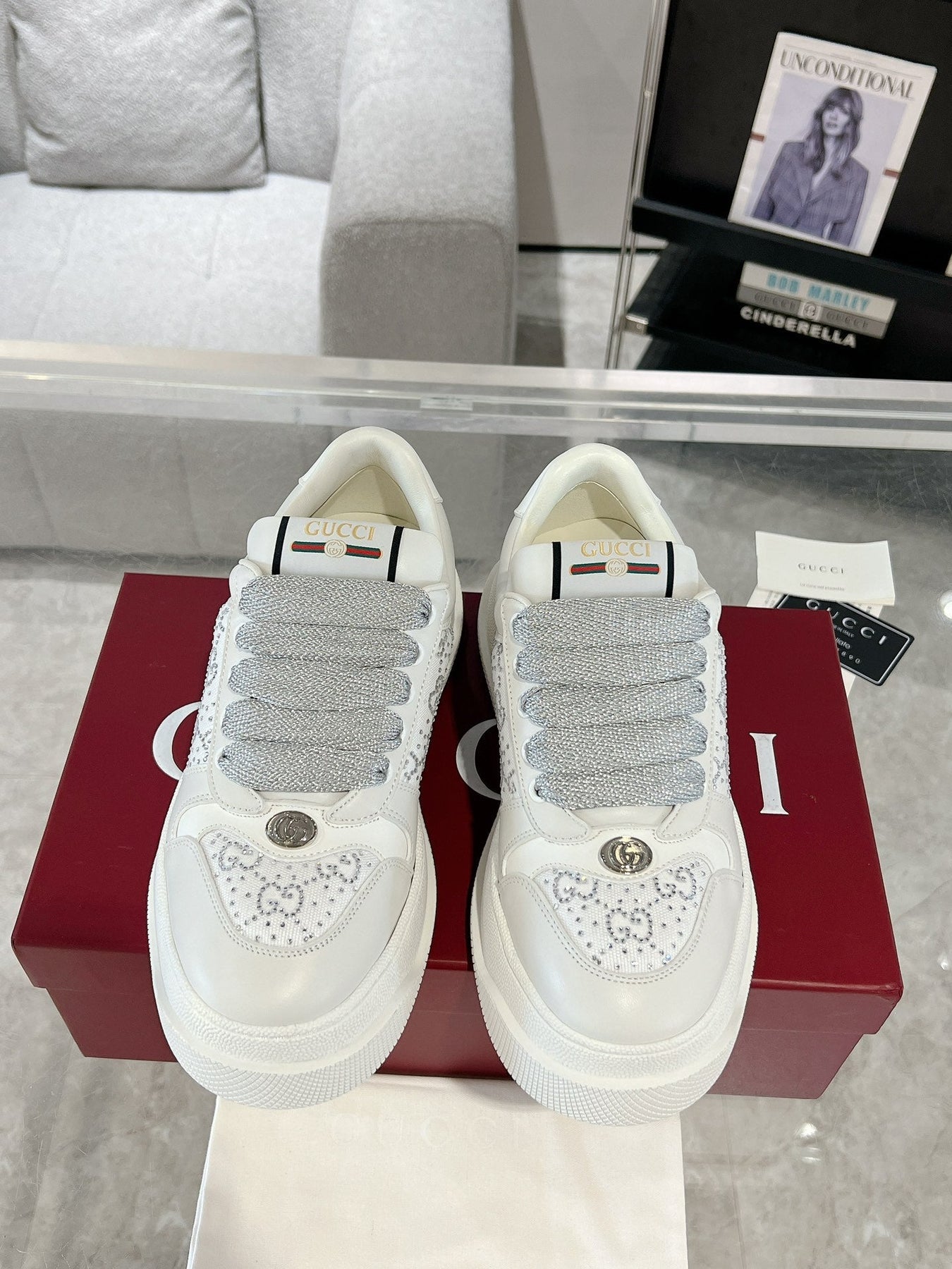 GG SCREENER SNEAKER WITH CRYSTALS IN IVORY BEIGE MIX RHINO GRAY CALFSKIN