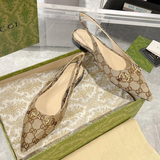 GG HORSEBIT SLINGBACK BALLET FLAT TAN BEIGE CANVAS