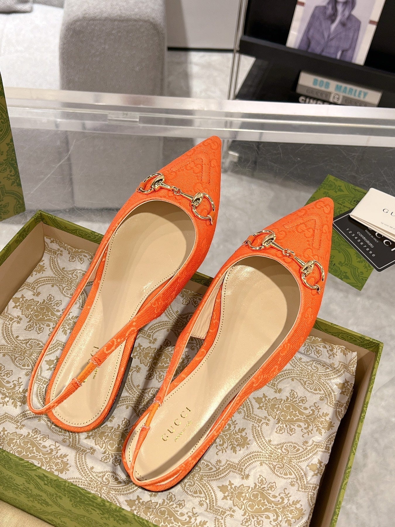 GG HORSEBIT SLINGBACK BALLET FLAT ORANGE CANVAS