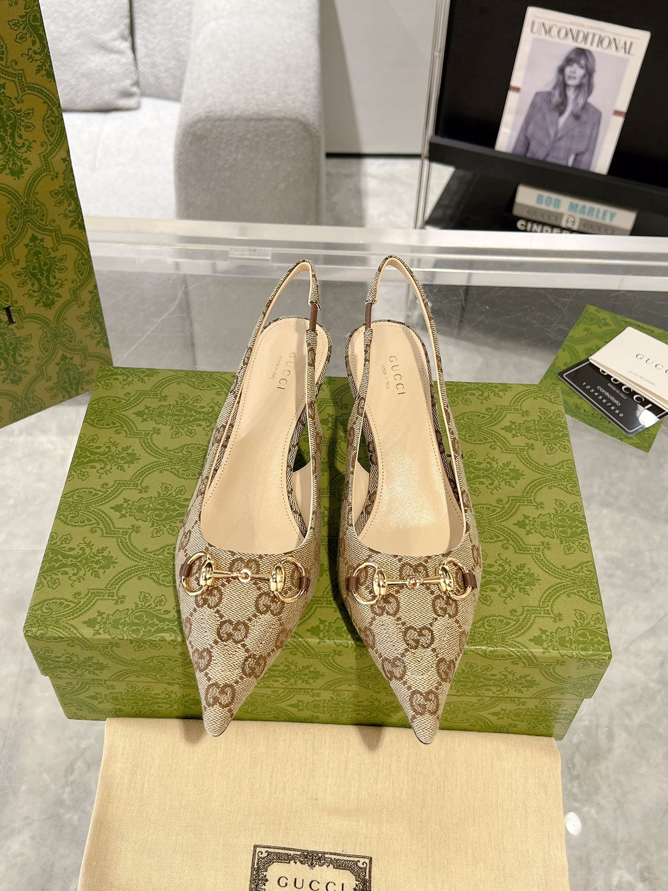 GG MID-HEELED SLINGBACK 4.5 CM IN TAN BEIGE CANVAS