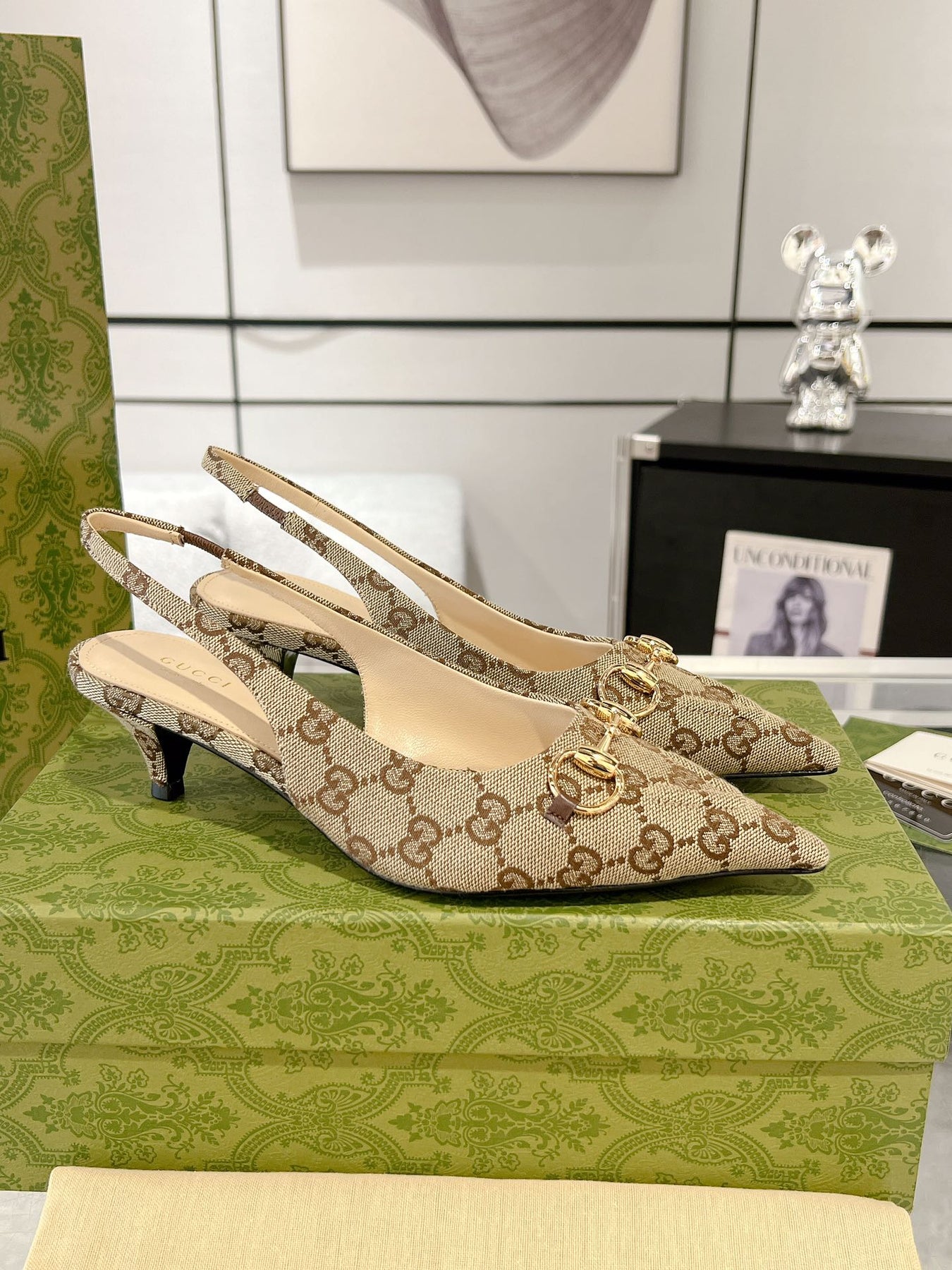 GG MID-HEELED SLINGBACK 4.5 CM IN TAN BEIGE CANVAS