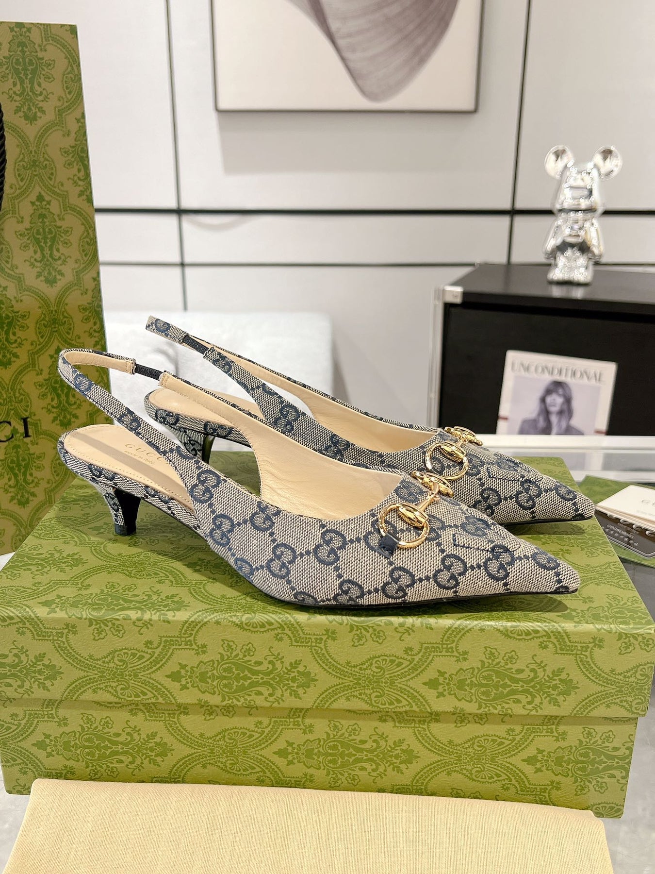 GG MID-HEELED SLINGBACK 4.5 CM IN PALE GRAY CANVAS