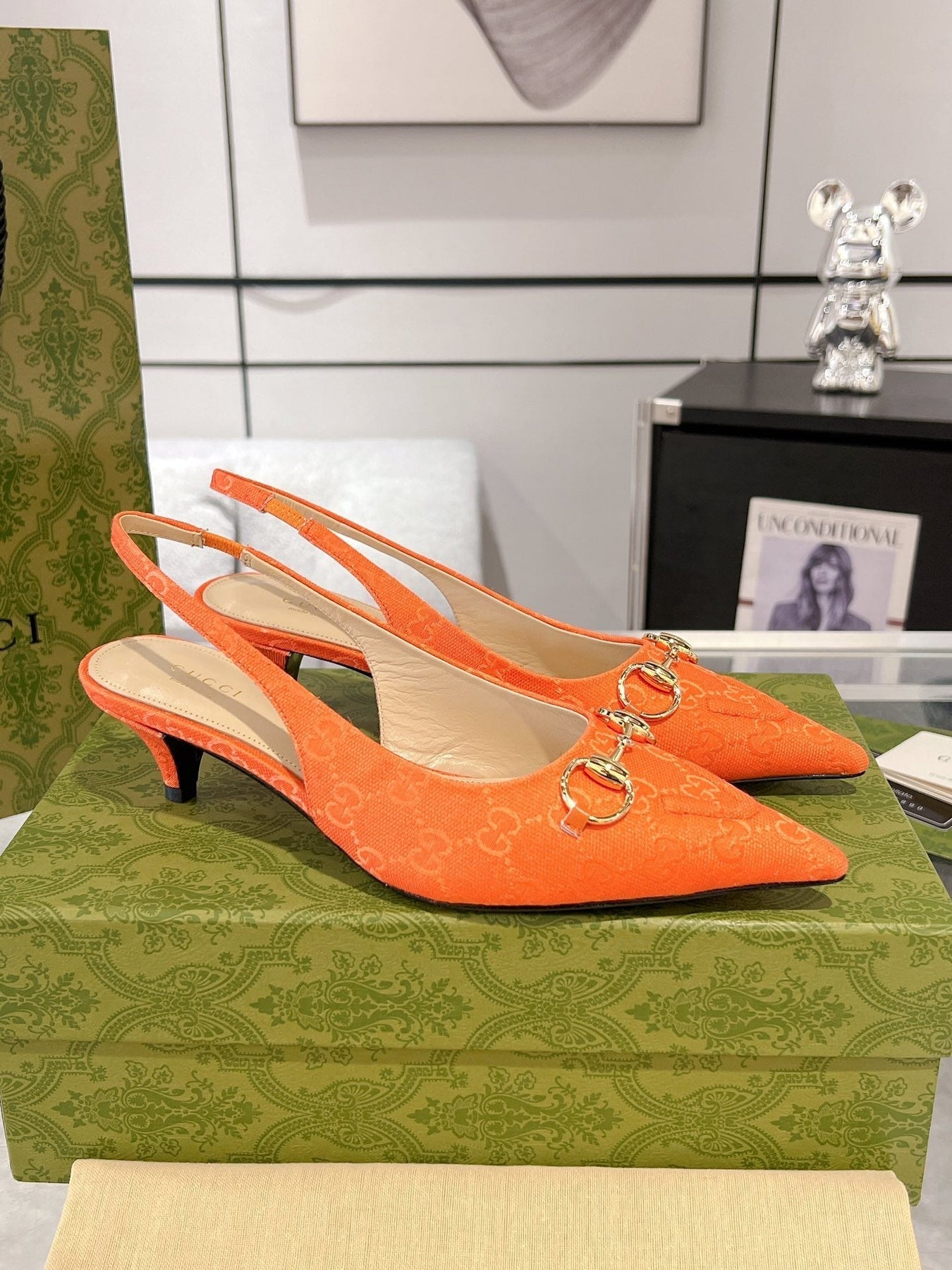 GG MID-HEELED SLINGBACK 4.5 CM IN ORANGE CANVAS
