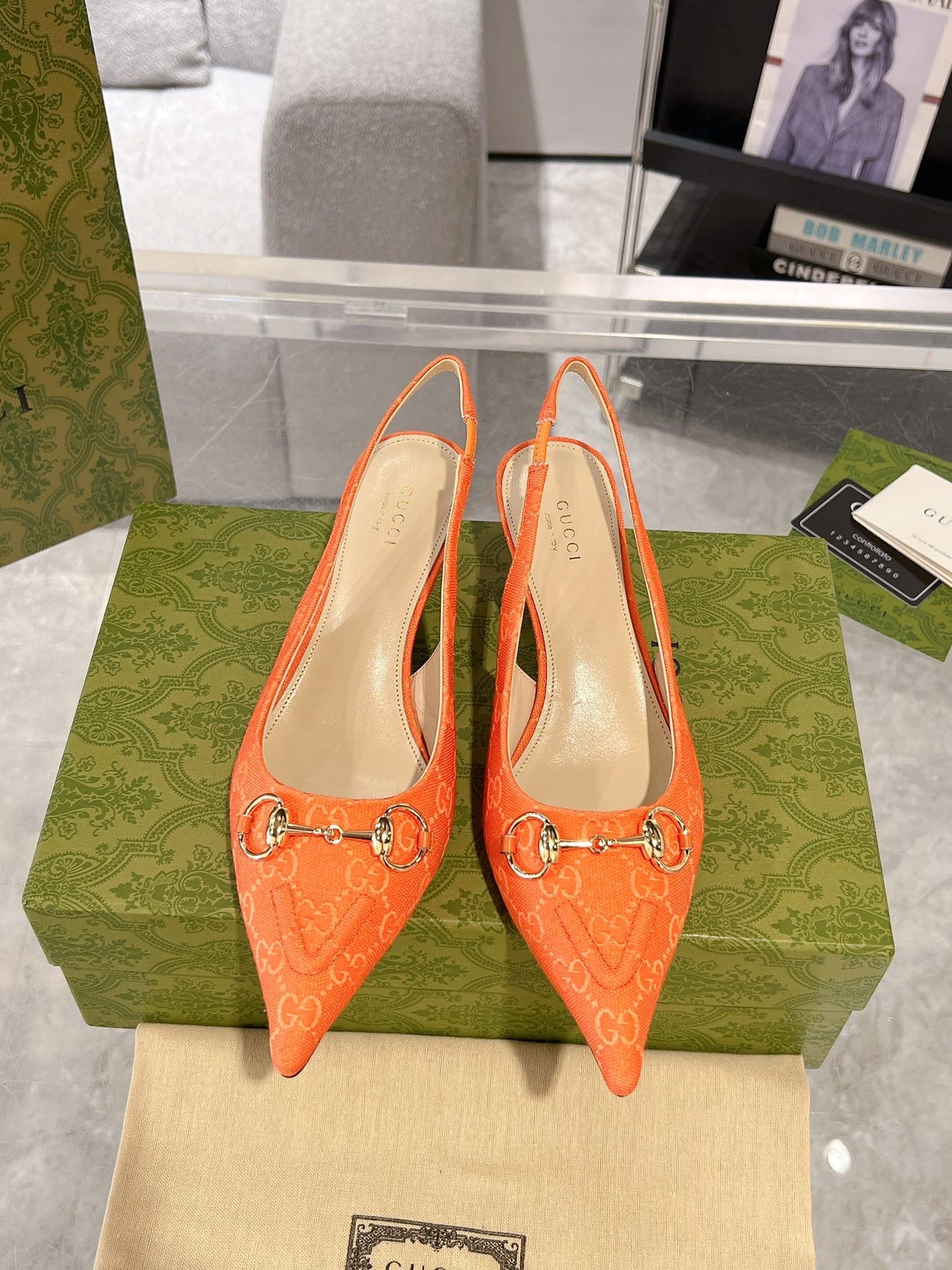GG MID-HEELED SLINGBACK 4.5 CM IN ORANGE CANVAS