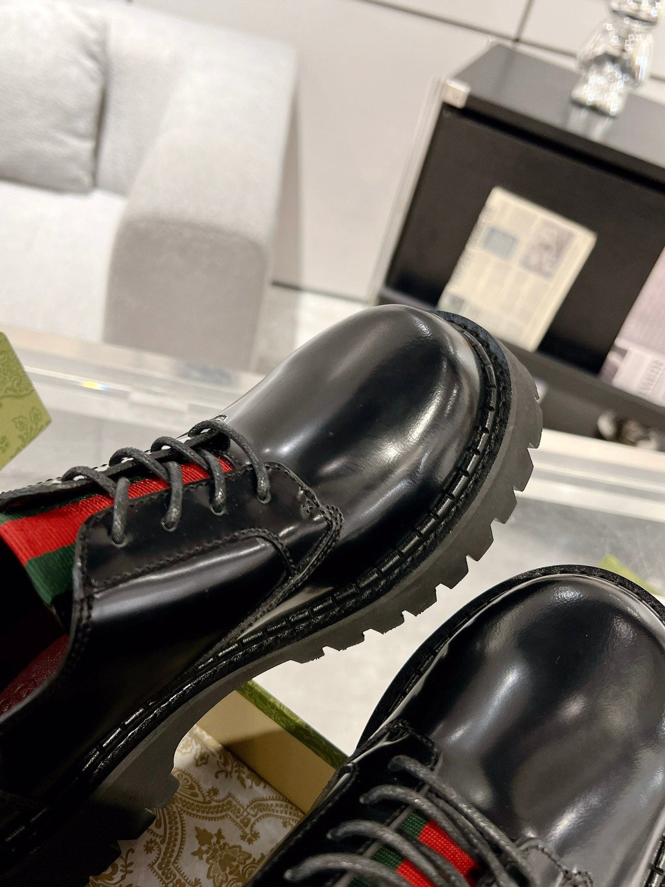 GG LACE-UP LOAFER WITH WEB IN BLACK SHINY LEATHER