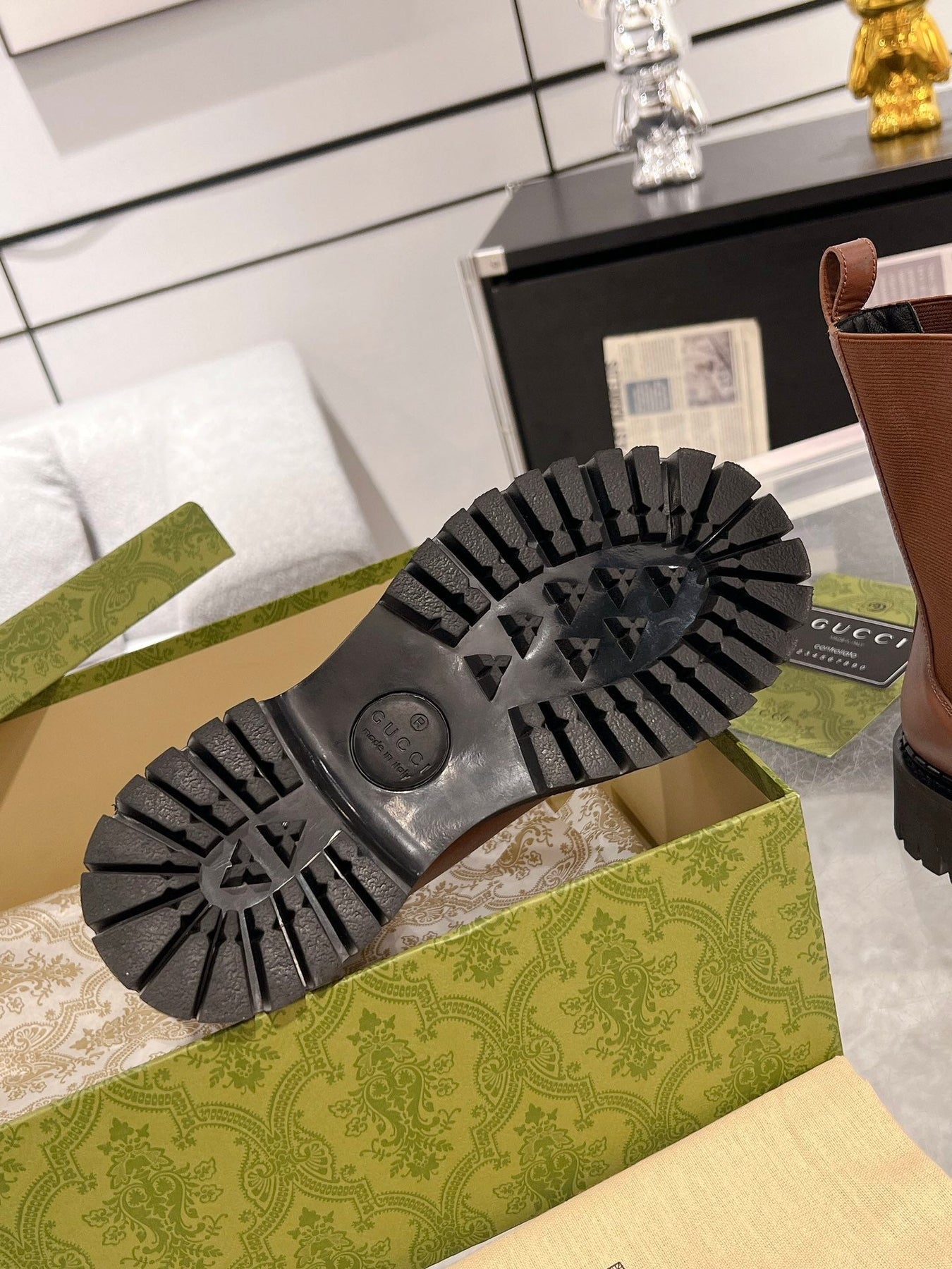 GG ANKLE BOOTS WITH WEB IN CINNAMON BROWN CALFSKIN AND FABRIC