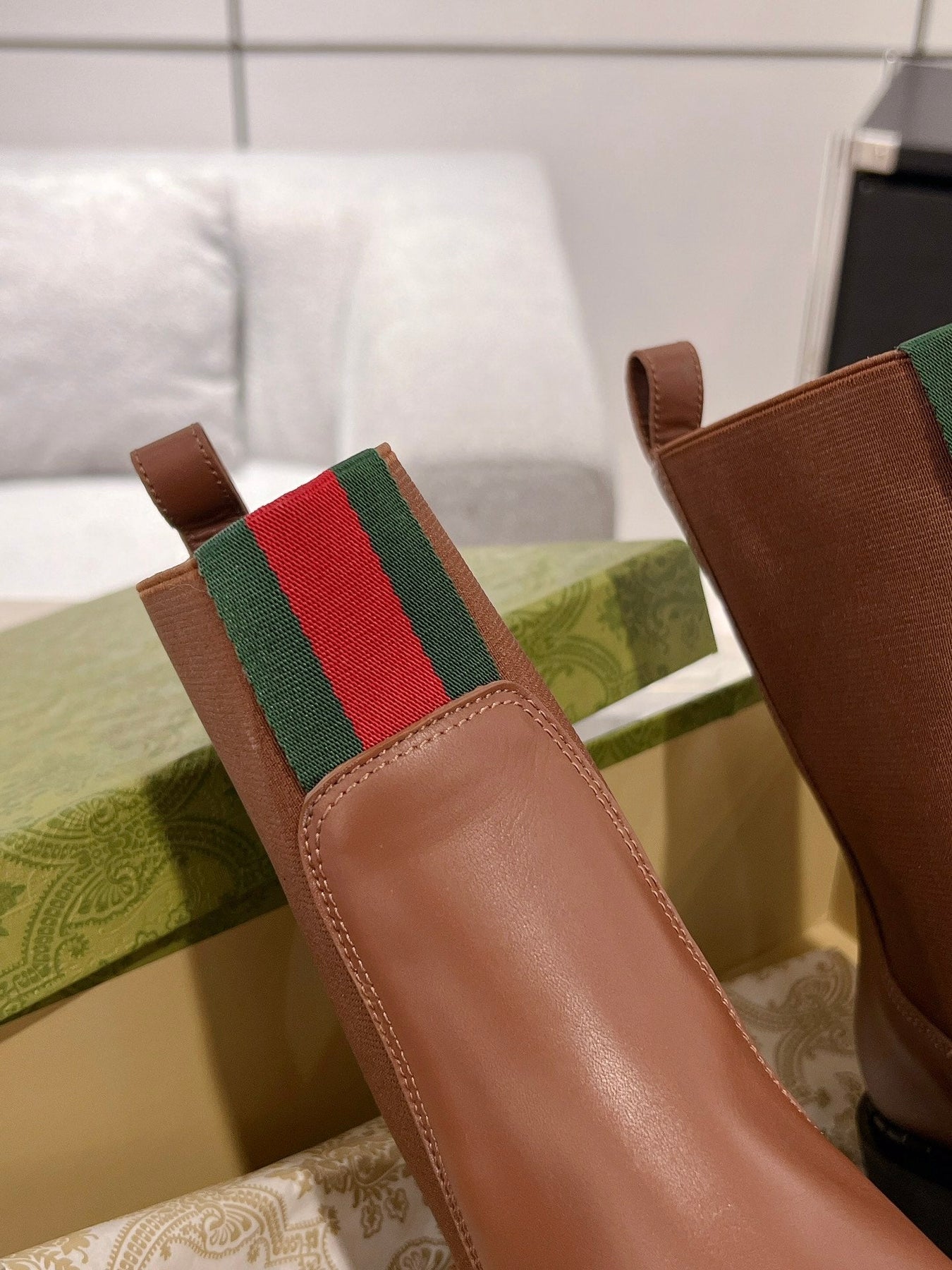 GG ANKLE BOOTS WITH WEB IN CINNAMON BROWN CALFSKIN AND FABRIC